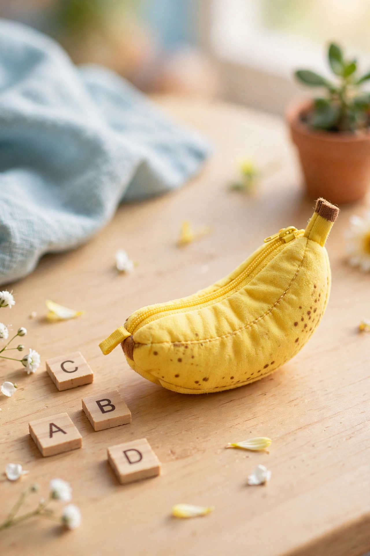 Tiny banana pouch word game with letter tiles
