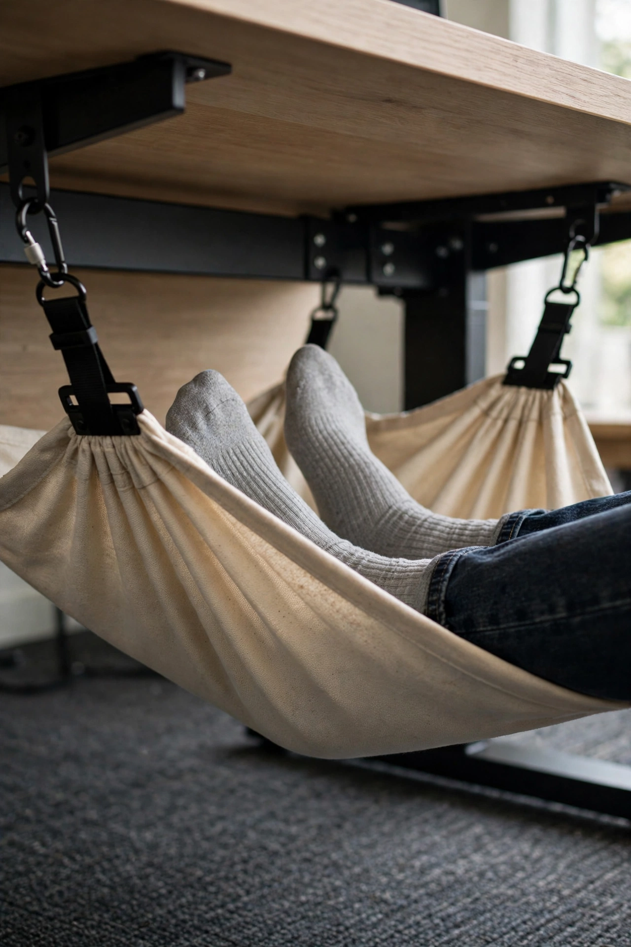 Under-desk foot hammock with feet resting in it