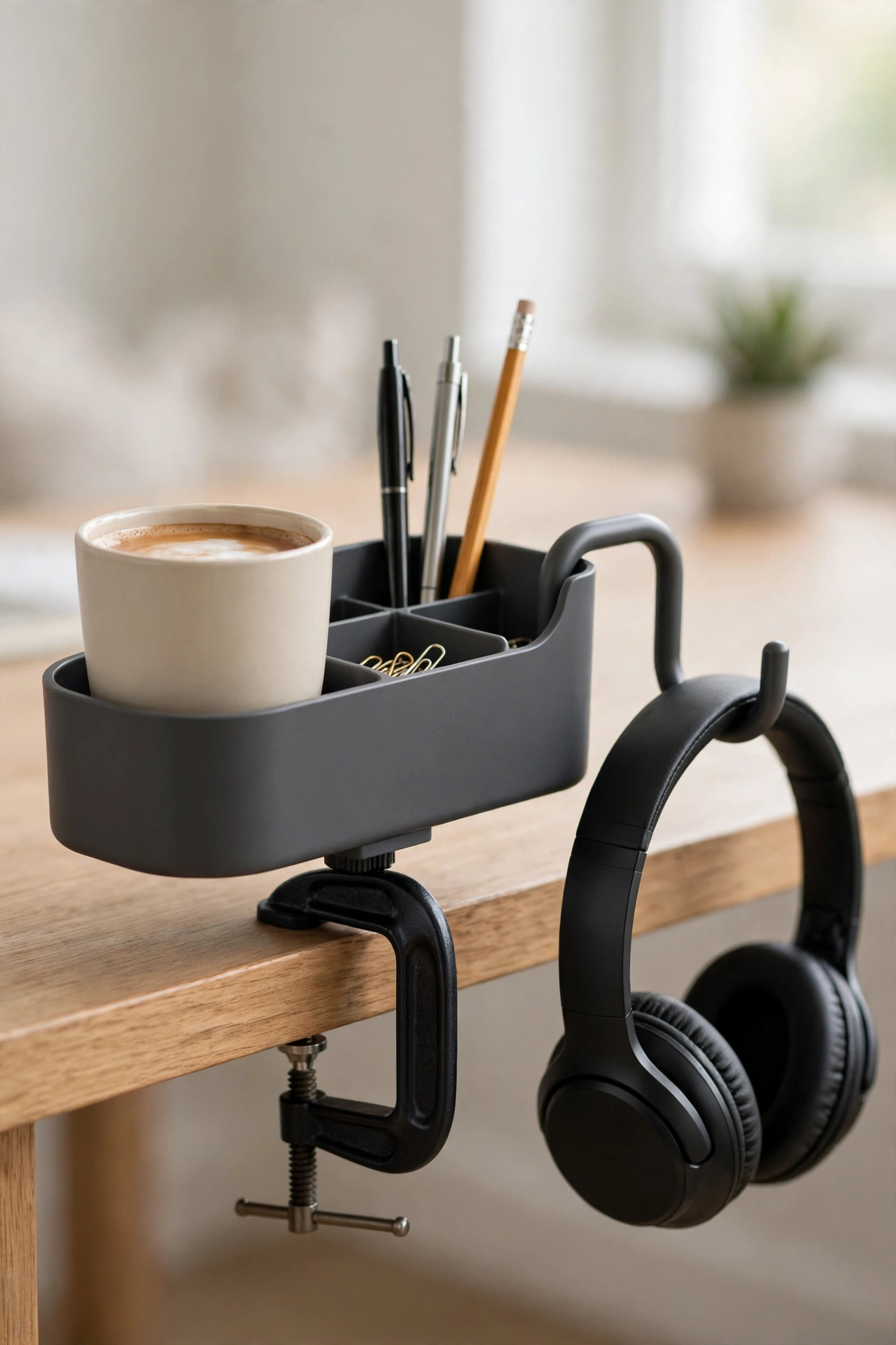 Portable desk caddy clamped to a desk edge