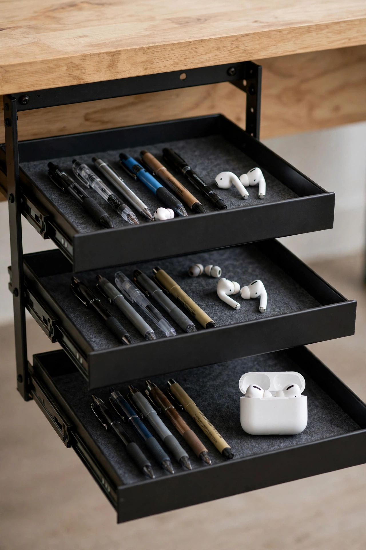 Under-desk organizer drawers with office supplies