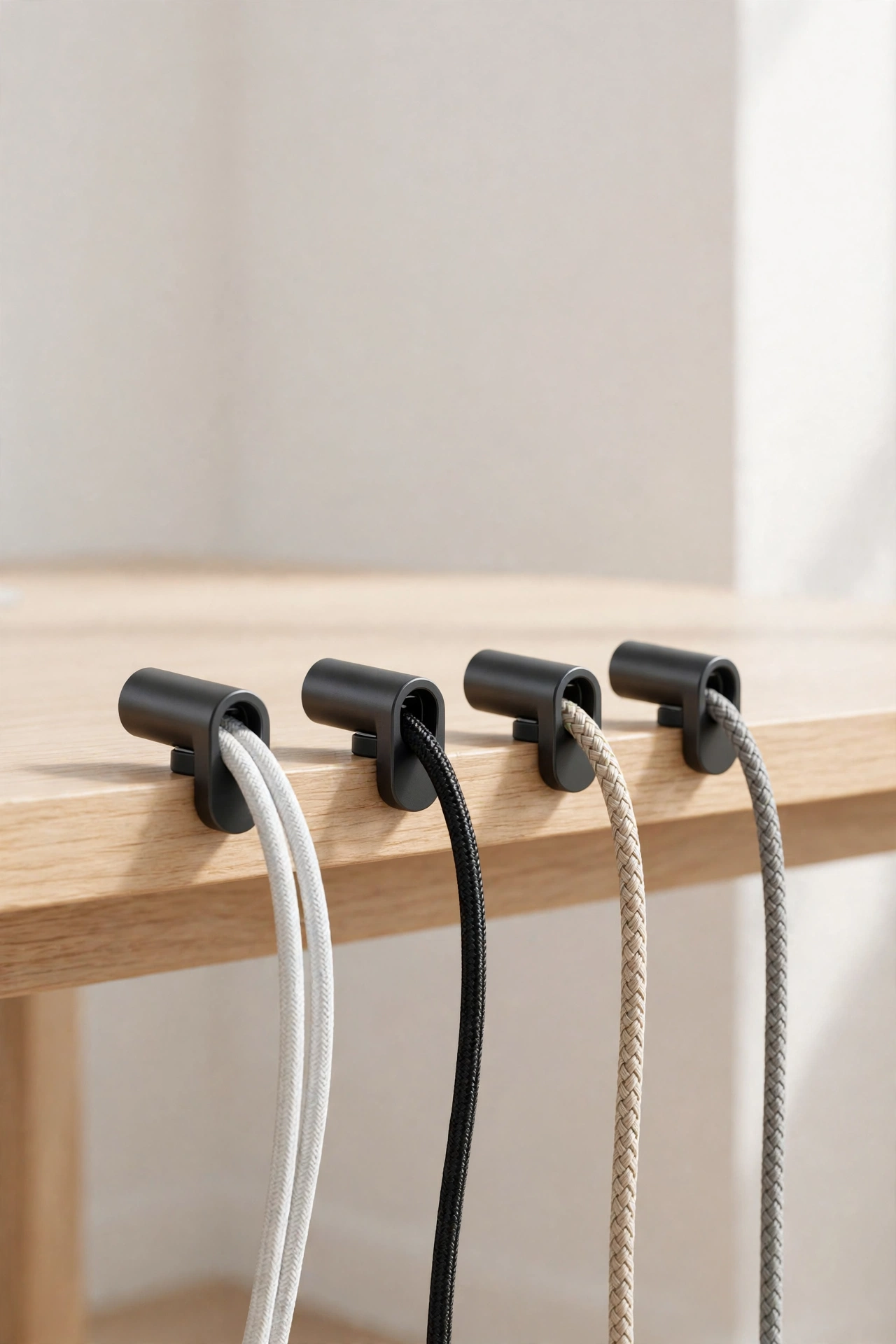 Magnetic cable clips organizing cables on a desk
