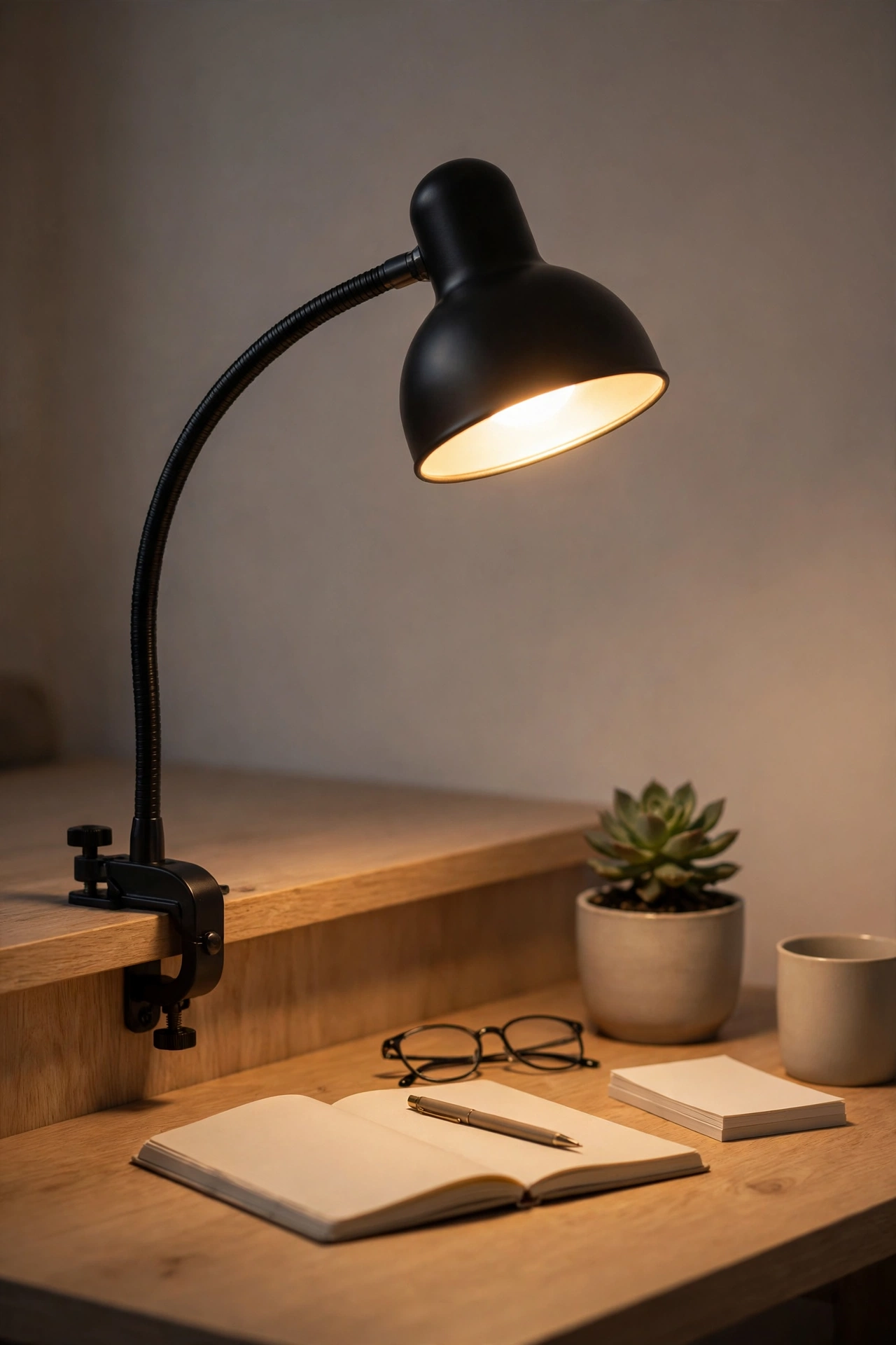 Clamp-on gooseneck desk lamp glowing over a desk