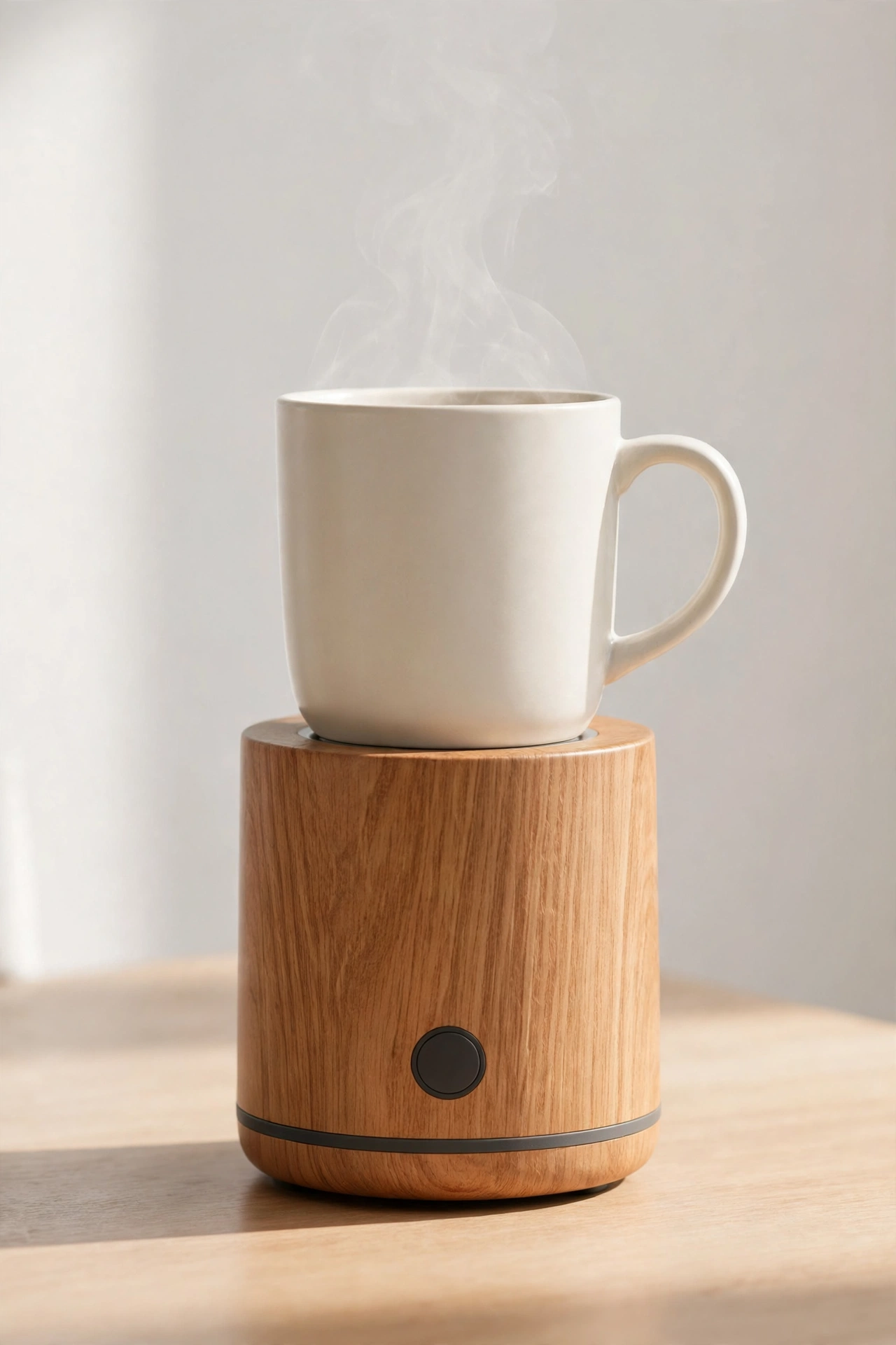 Electric mug warmer with wood finish and a mug