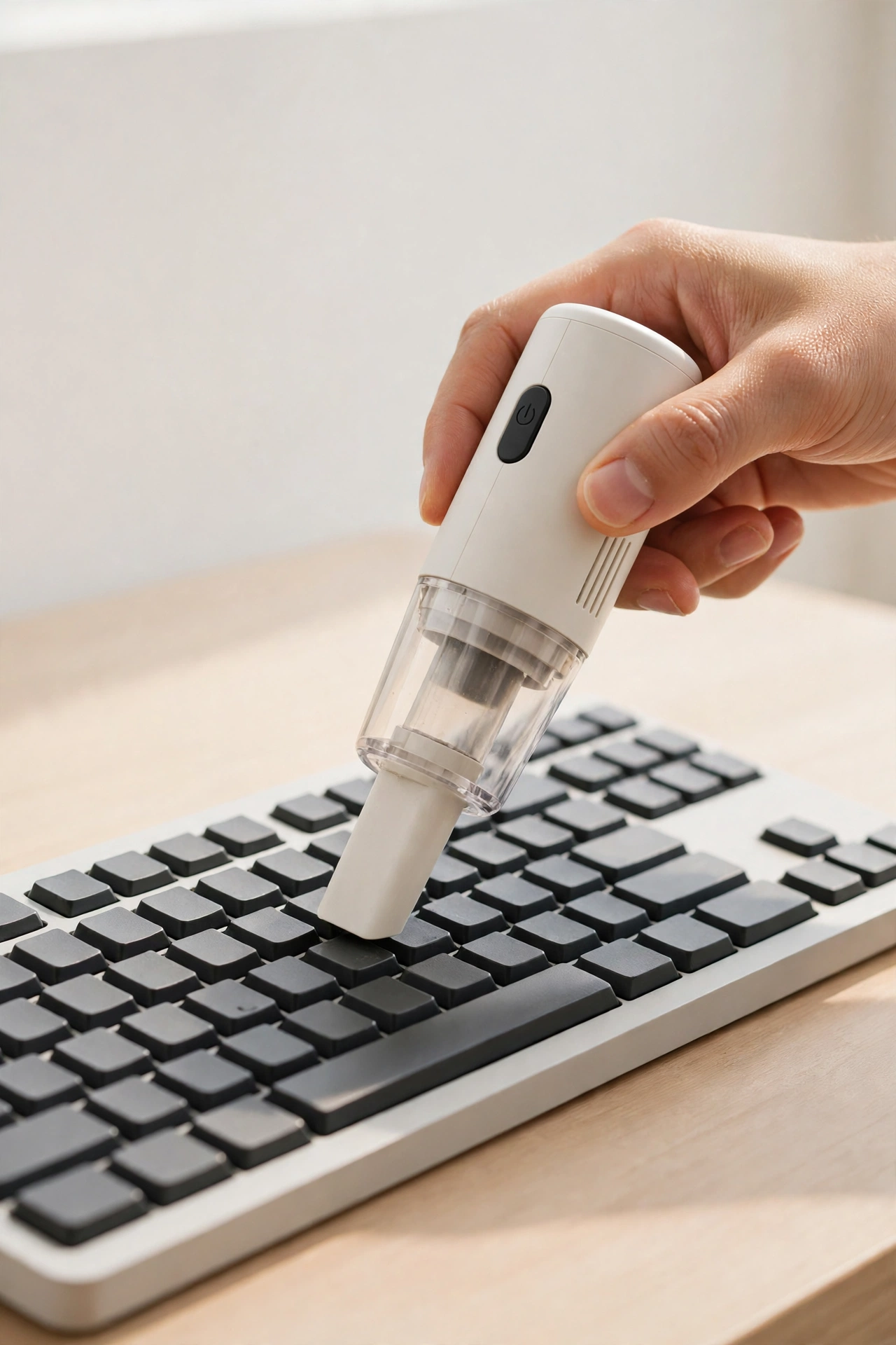 Mini desktop vacuum cleaning a keyboard