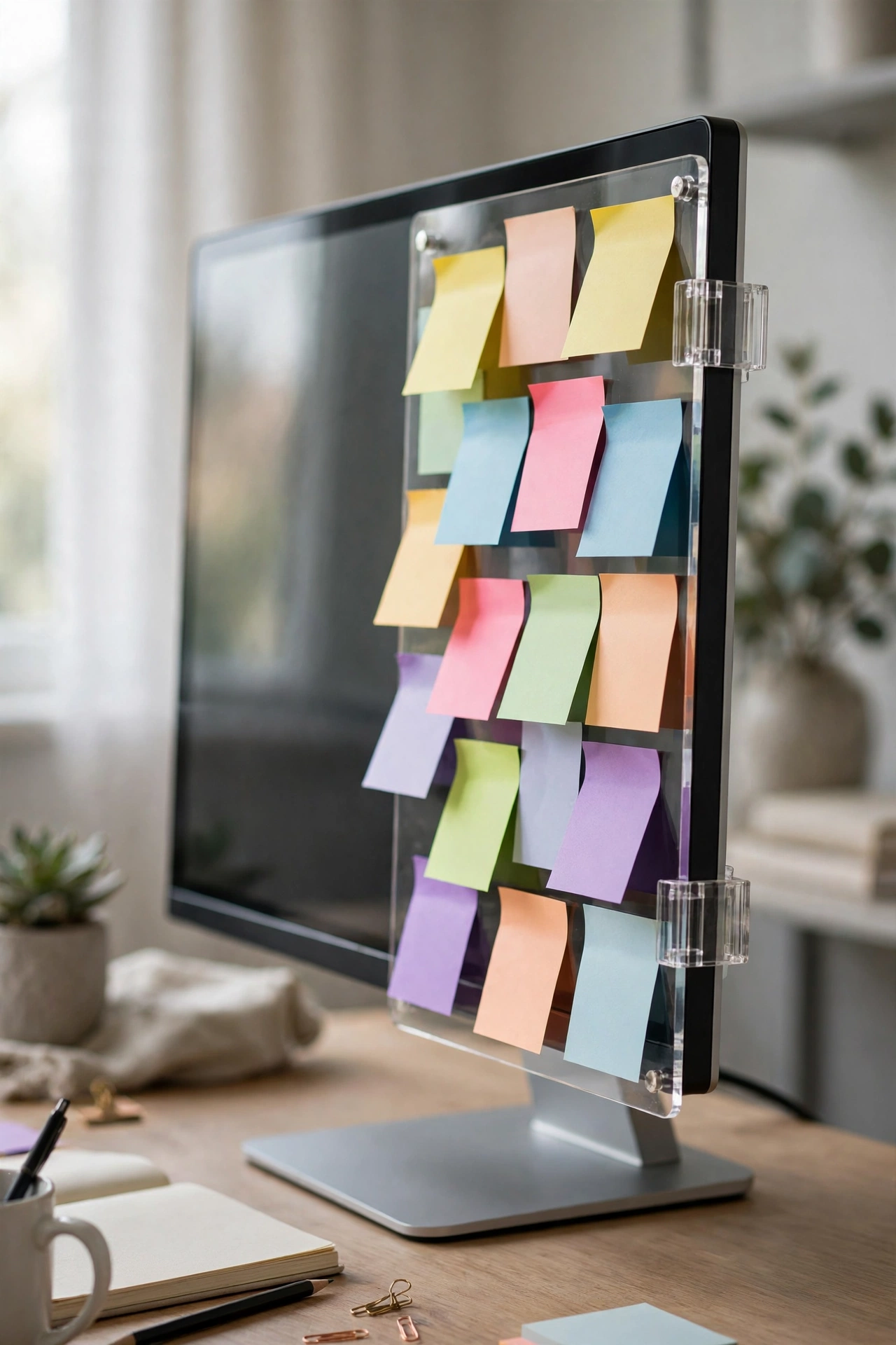 Acrylic memo board attached to a monitor with notes
