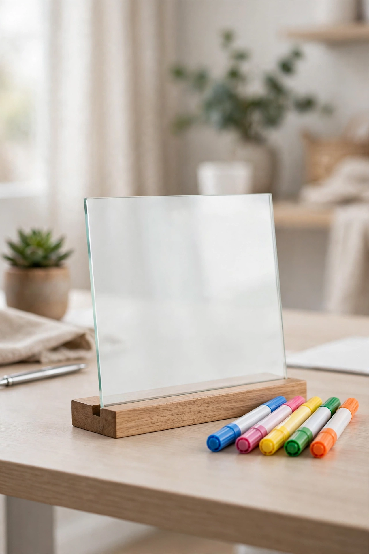 Glass desktop whiteboard with colorful markers