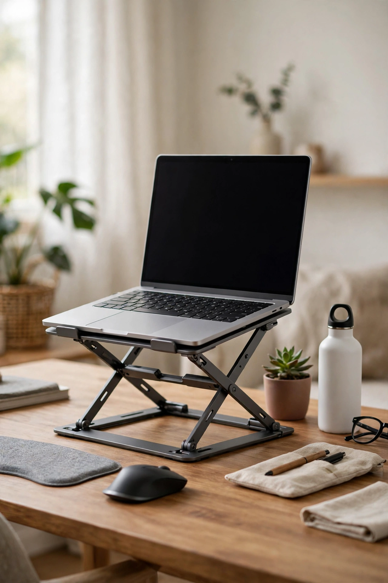 Laptop raised on a folding stand at eye level