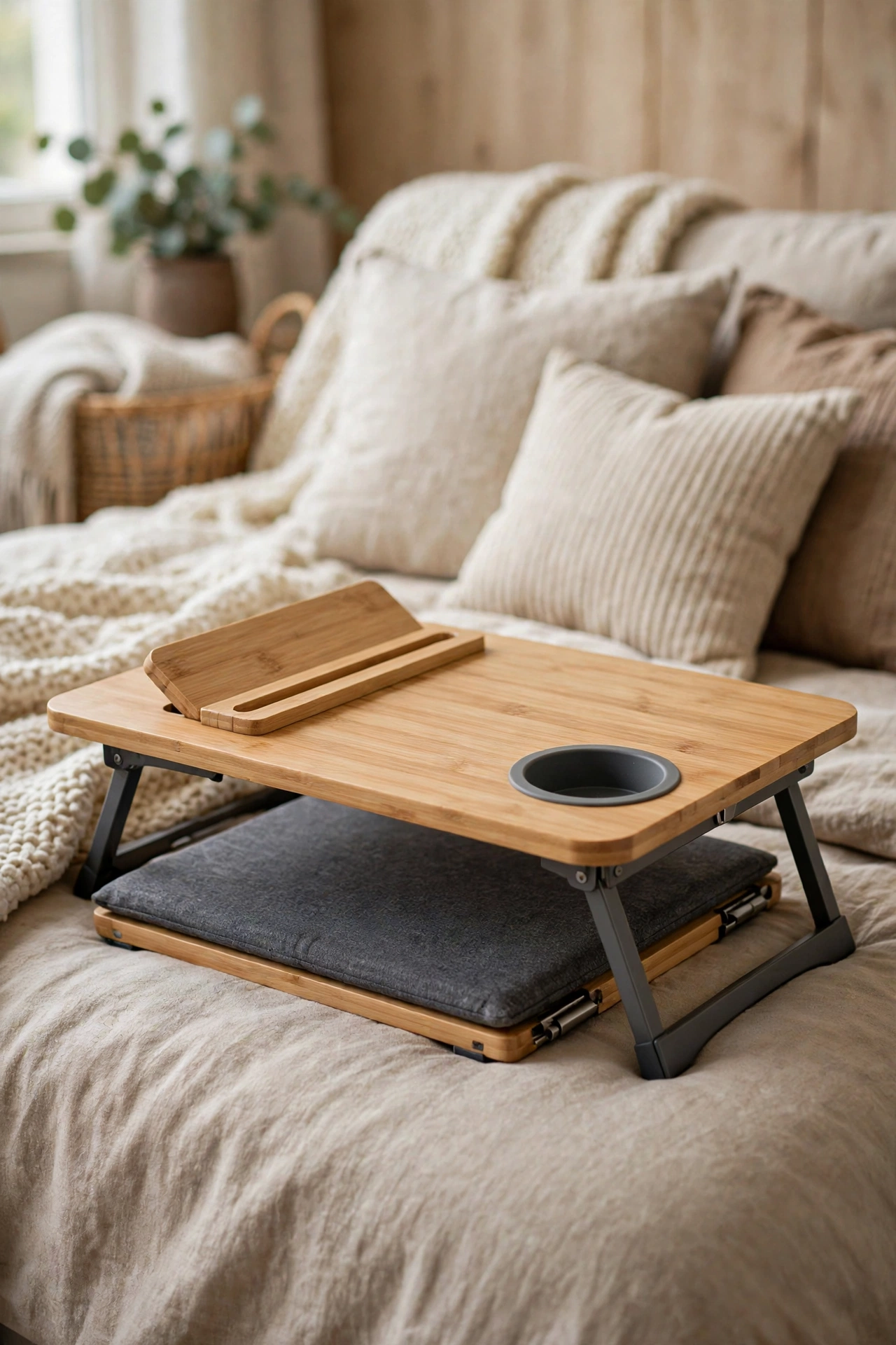 Foldable lap desk with cup holder on a bed