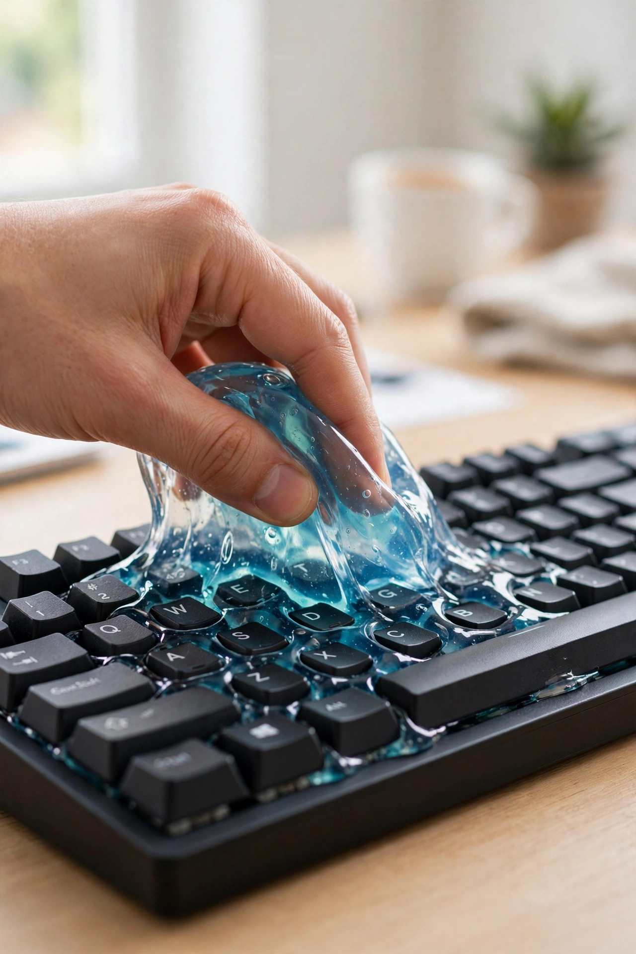 Keyboard cleaning gel pressed onto a keyboard