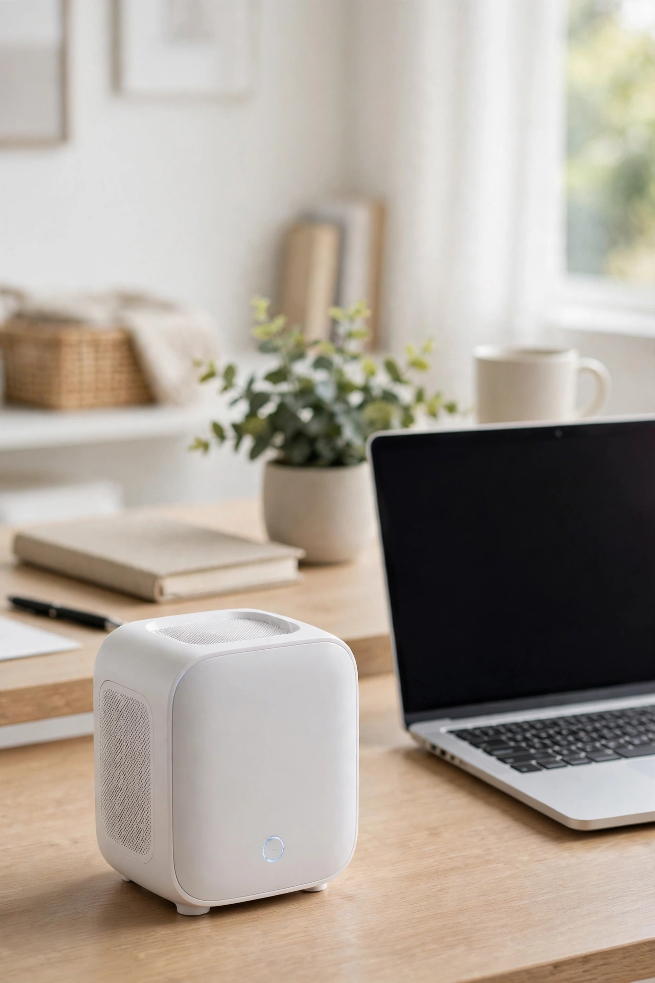 Small desktop air purifier on a desk