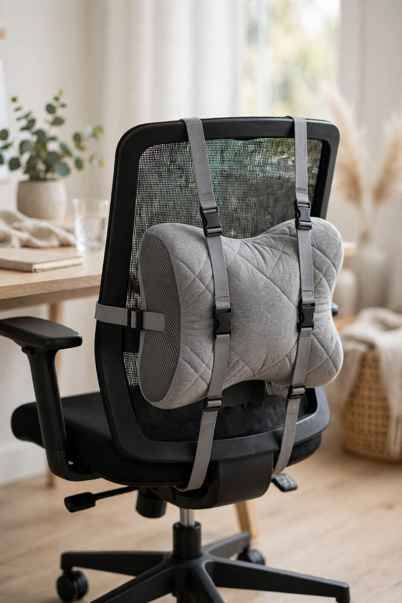 Memory foam lumbar pillow strapped to an office chair