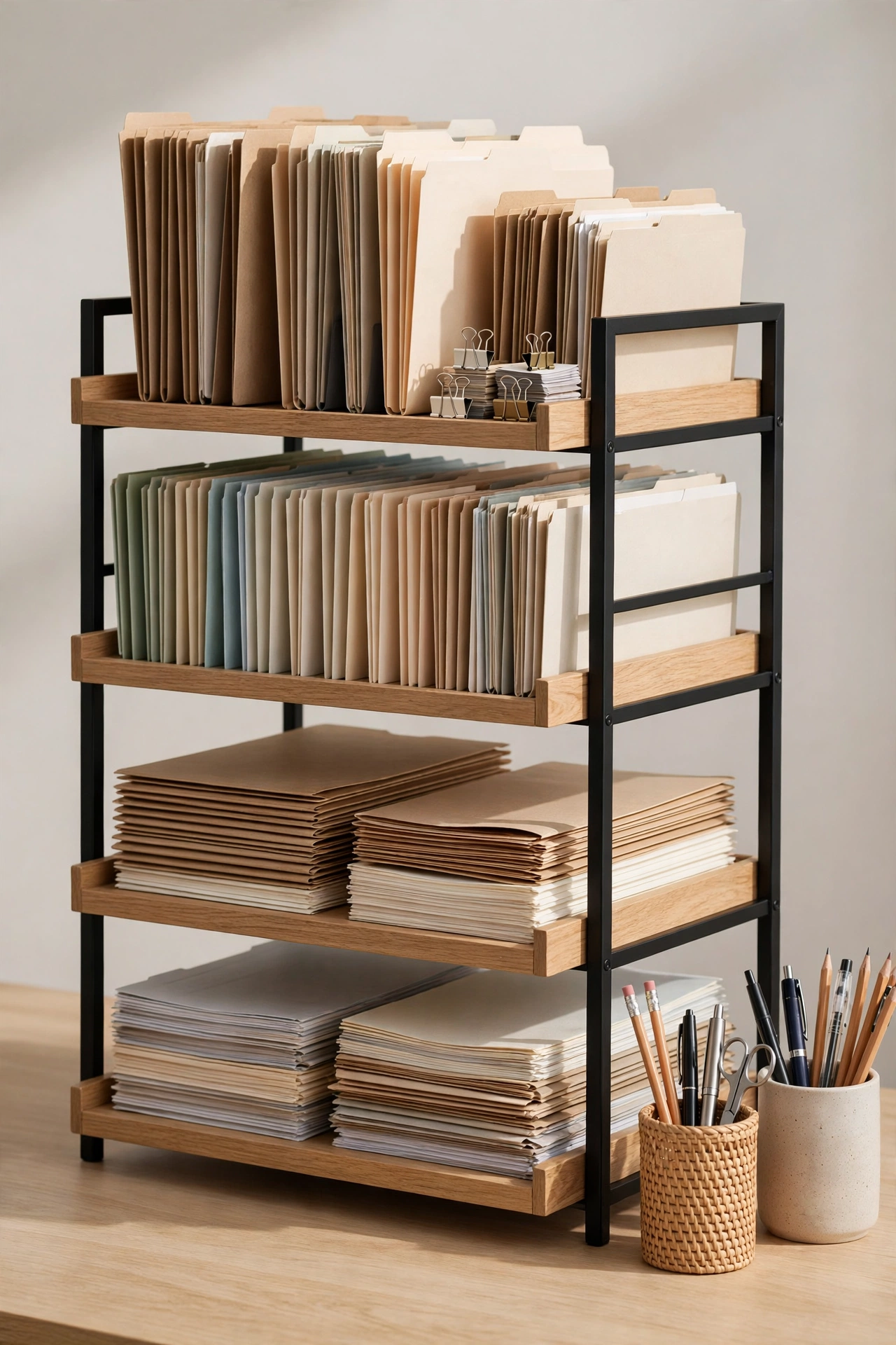 Four-tier desk file organizer with trays and files