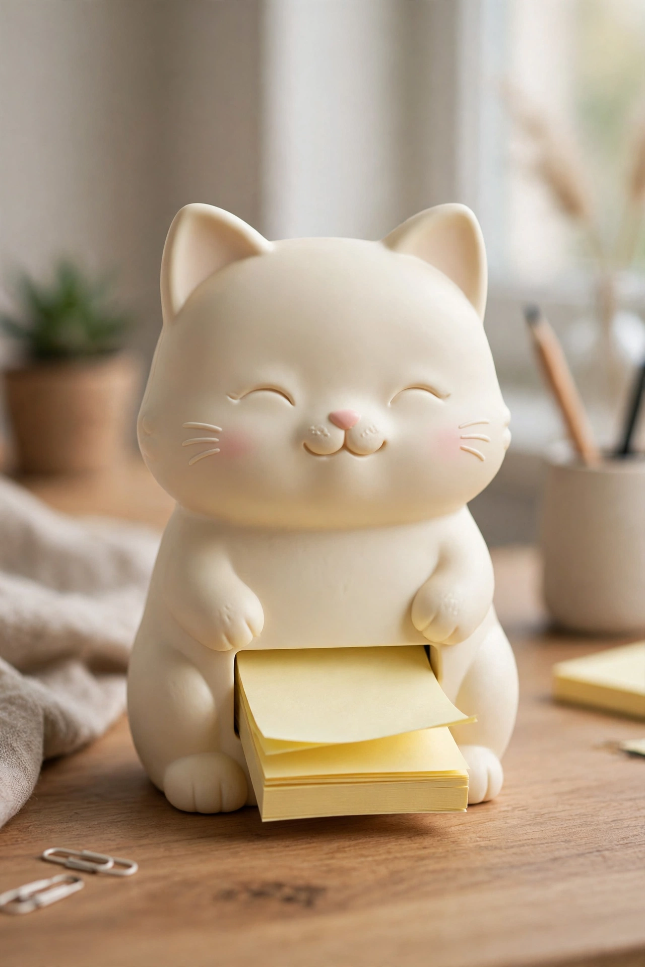 Cat-shaped sticky note dispenser on a desk