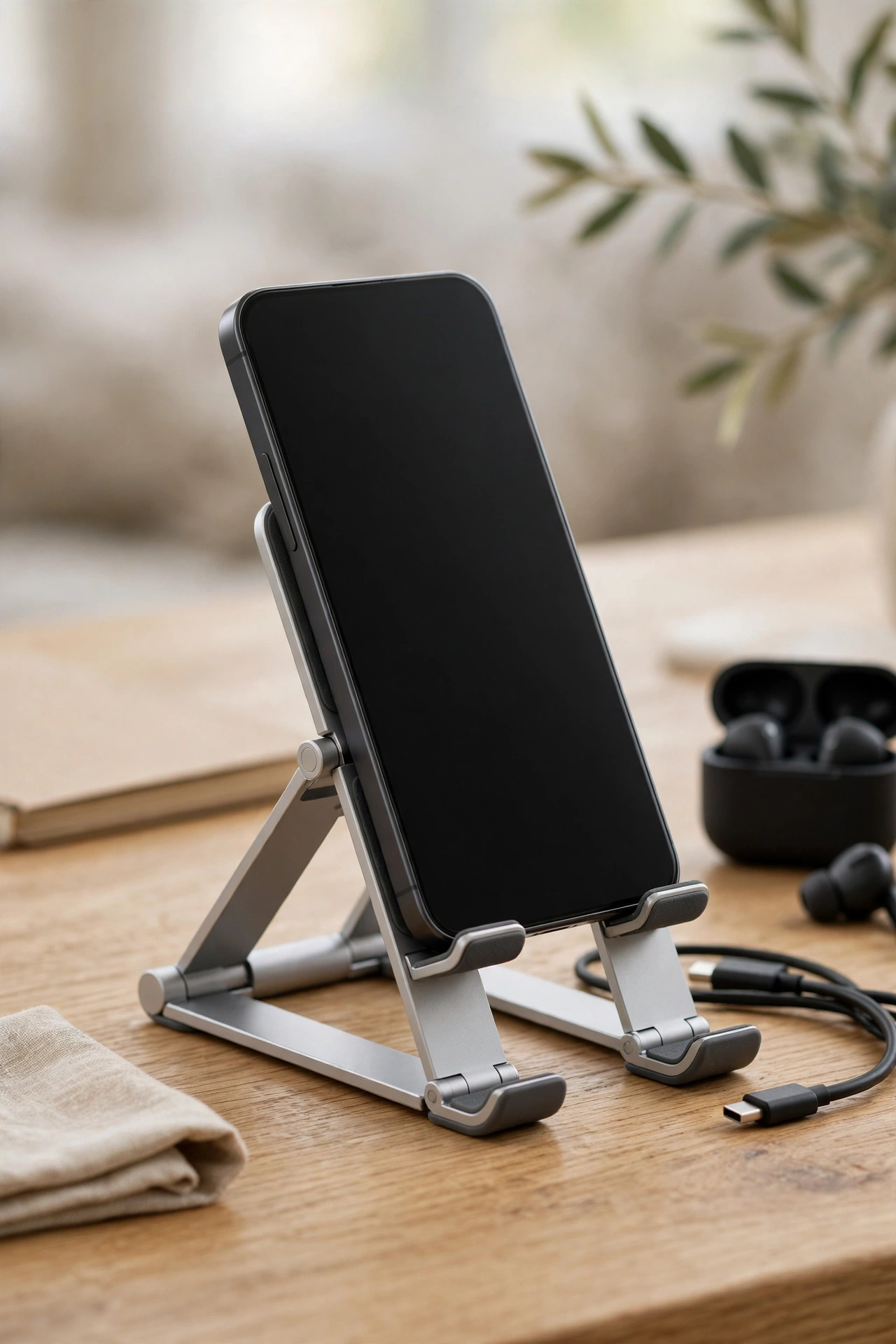 Foldable phone stand holding a smartphone on a desk