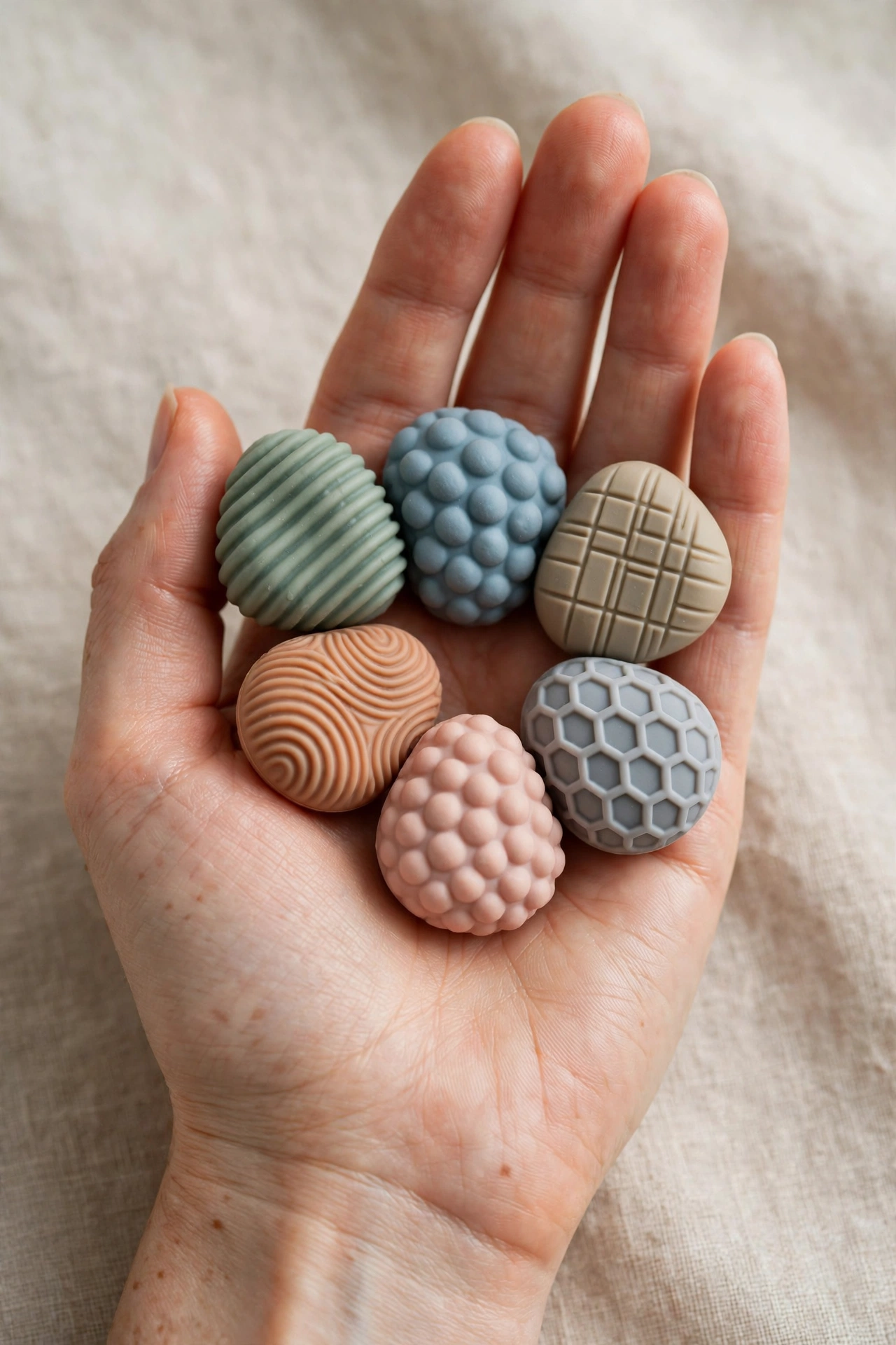 Textured silicone sensory stones held in a hand