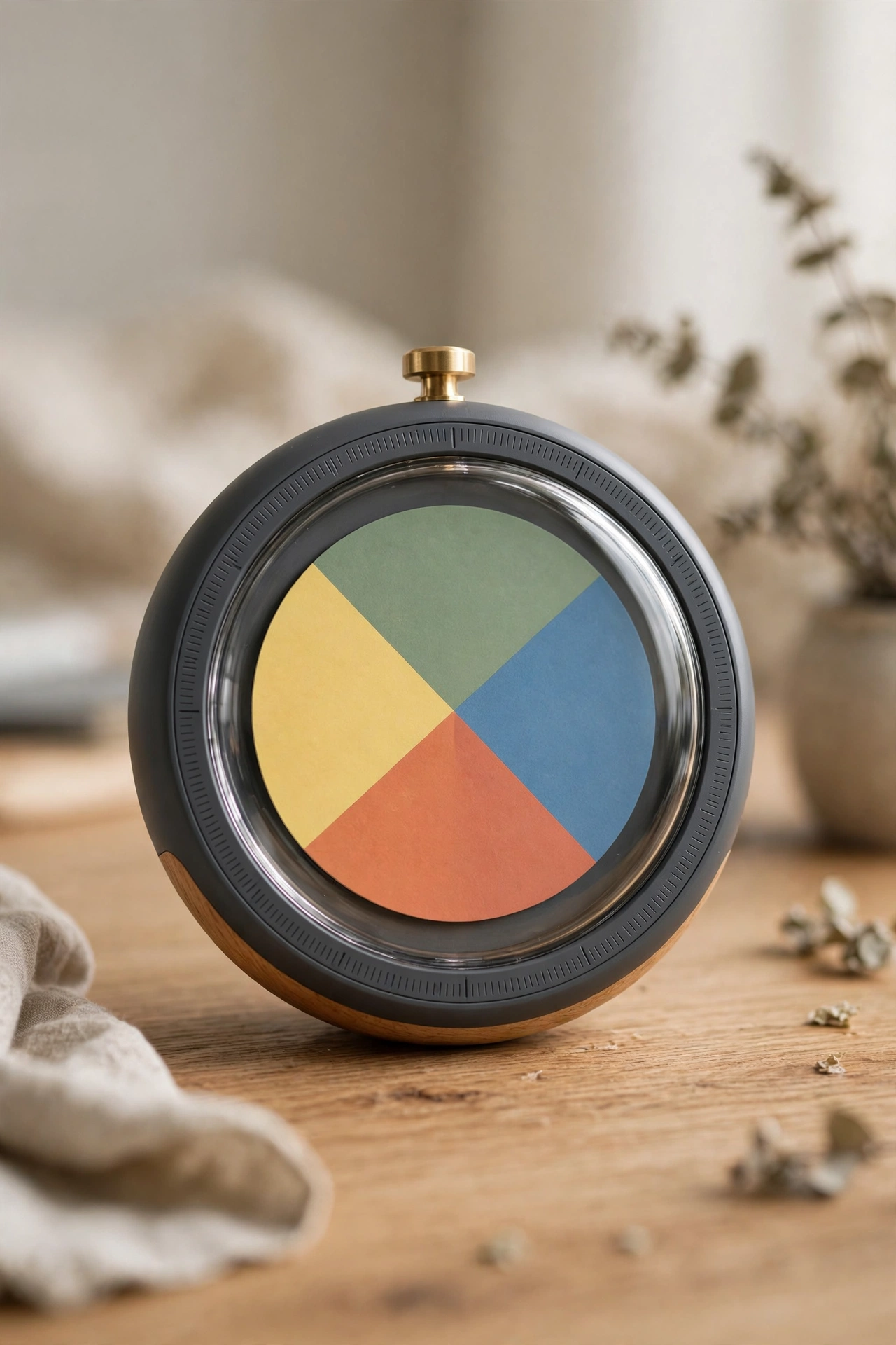 Visual productivity timer with colored disk on a desk