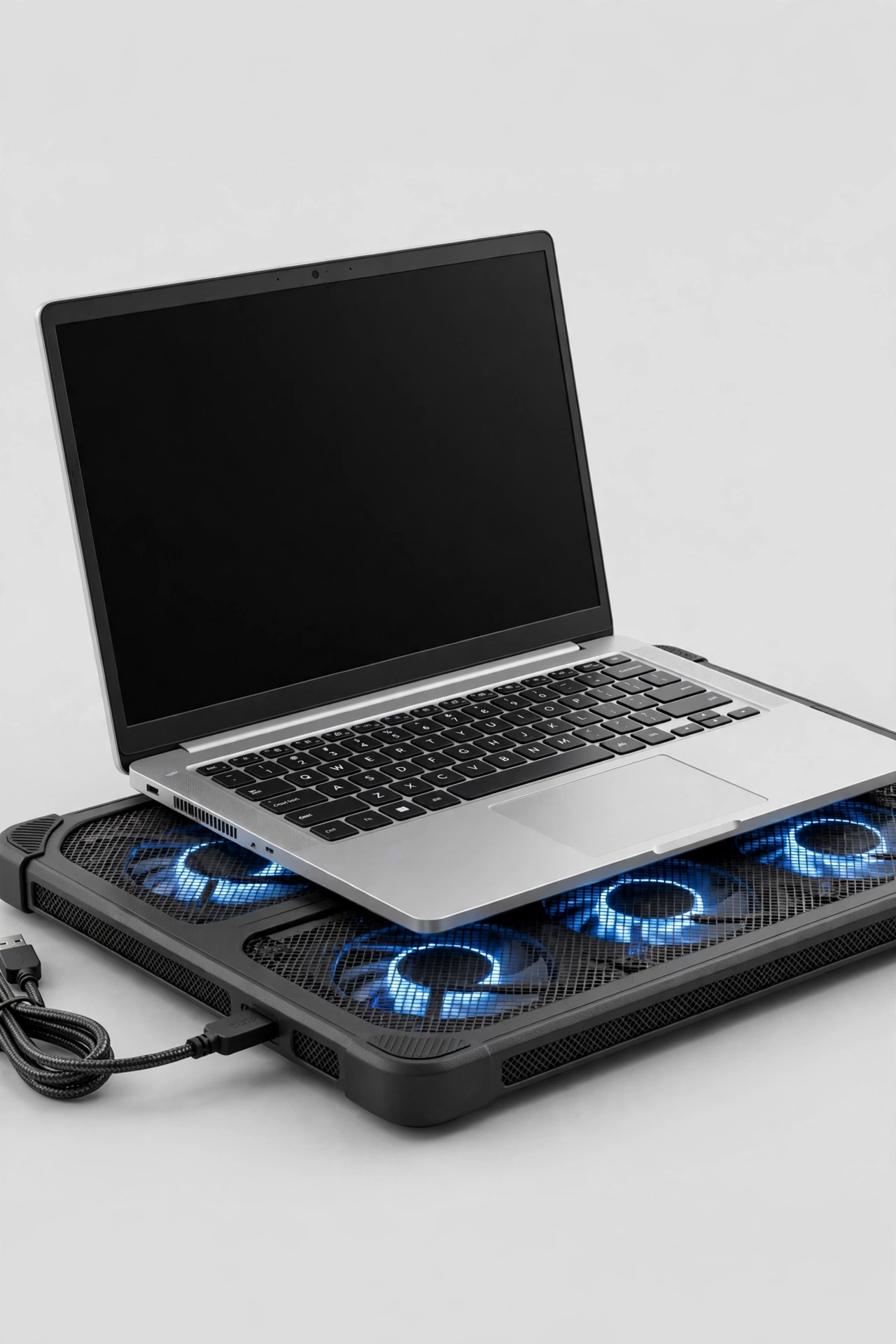 Laptop cooling pad with fans under a laptop