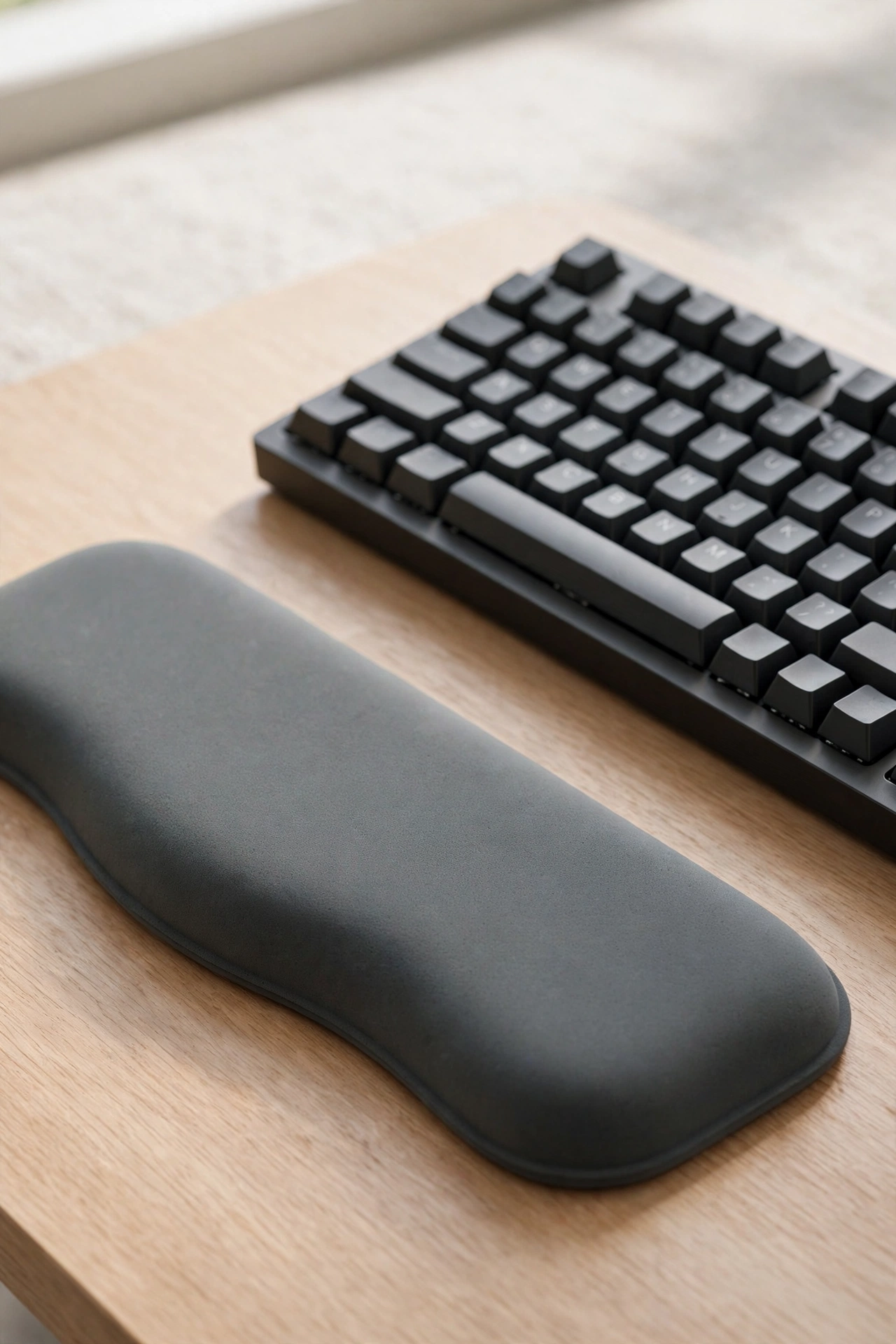 Memory foam wrist rest set beside a keyboard