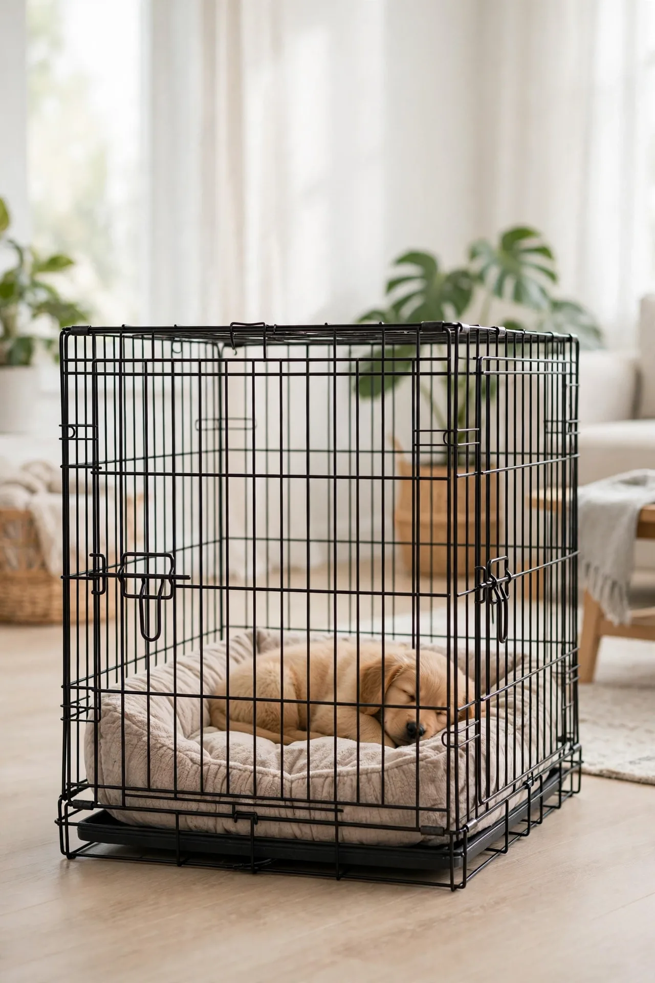 Metal wire dog crate with a puppy resting inside on a bed