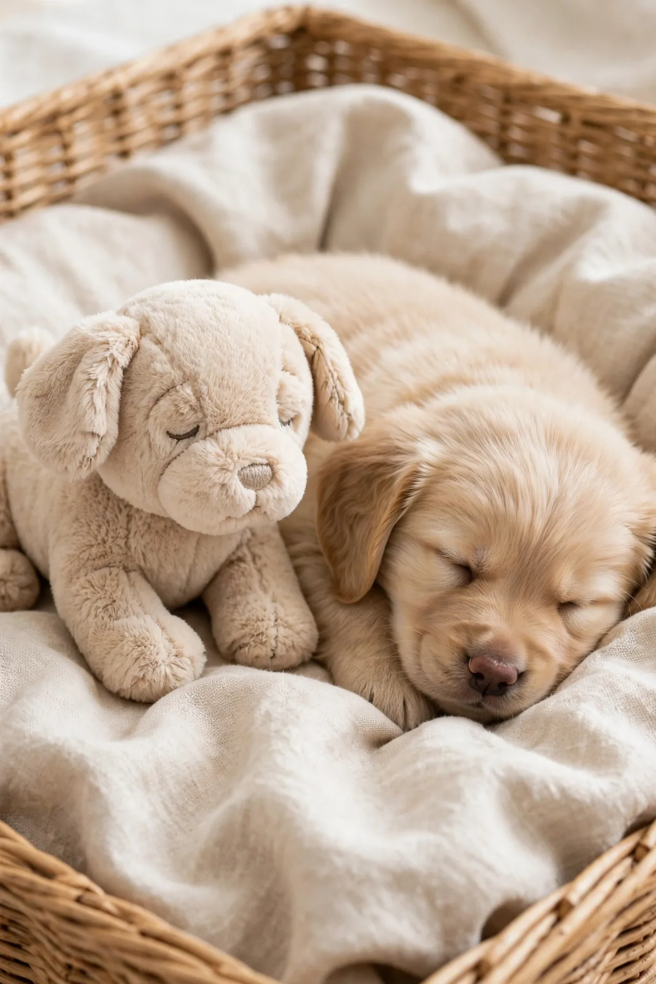 Plush puppy toy with a heartbeat module beside a sleeping puppy