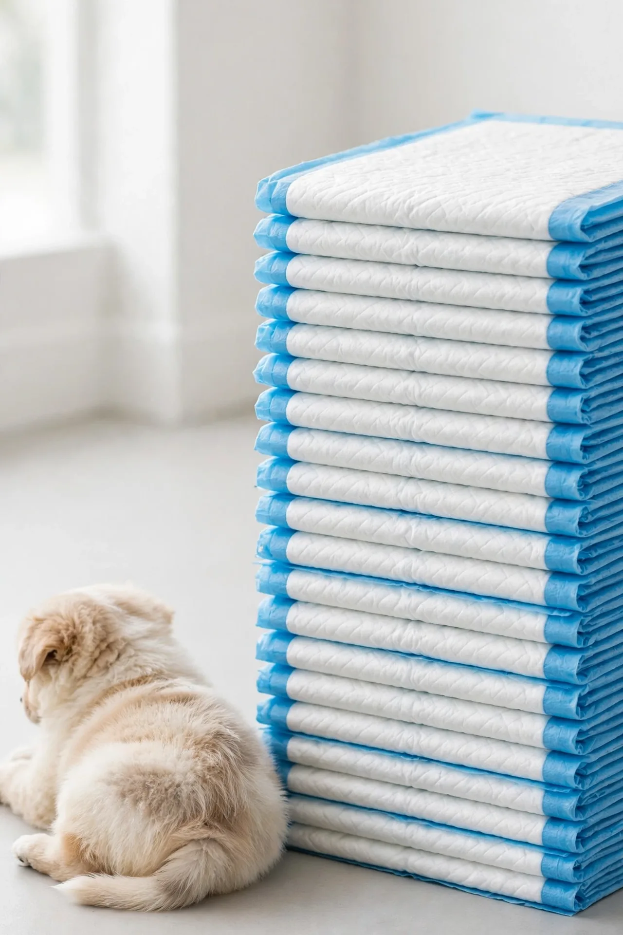 Stack of disposable puppy pee pads beside a small puppy
