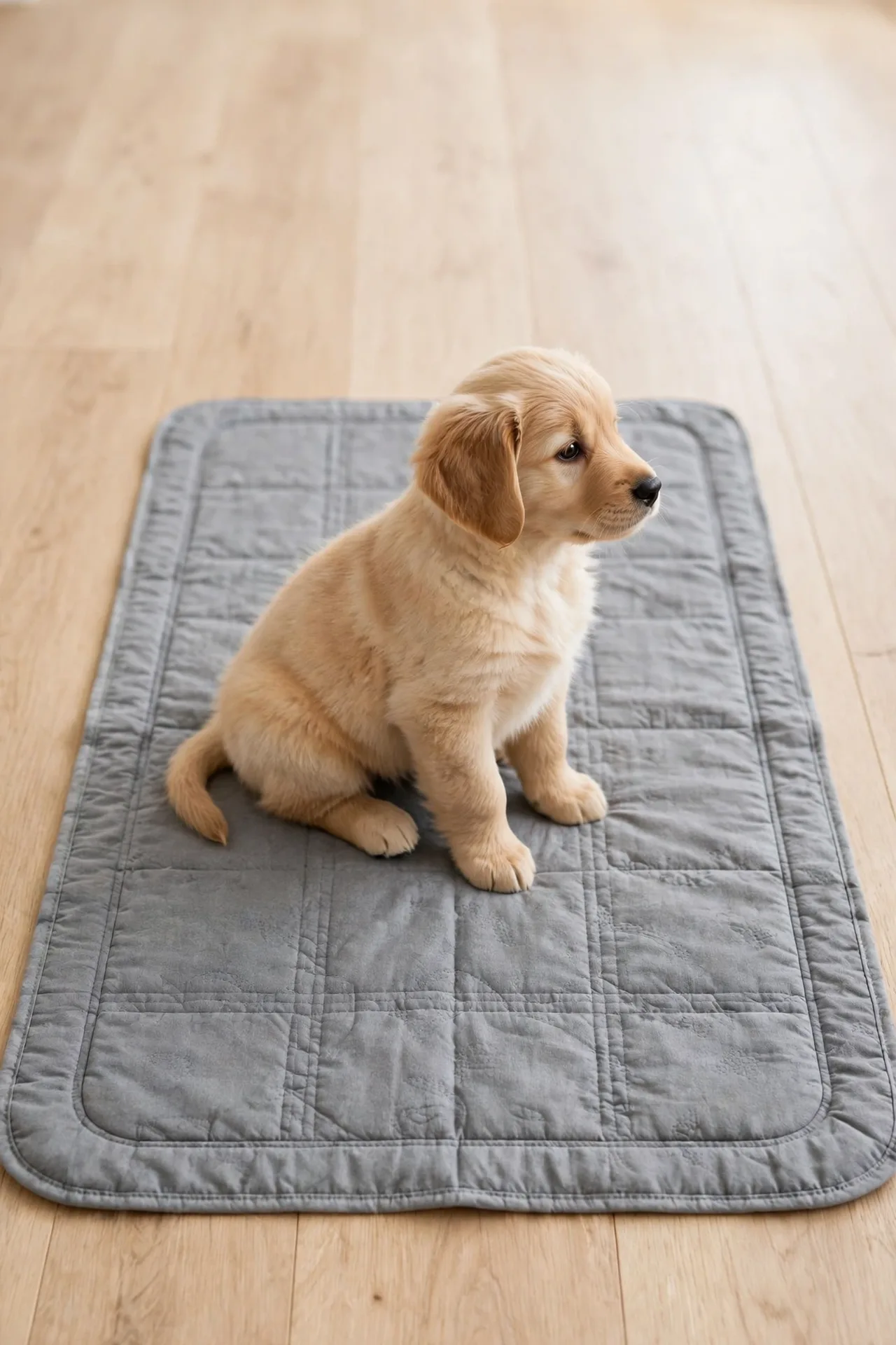 Washable reusable pee pad with a puppy sitting on it