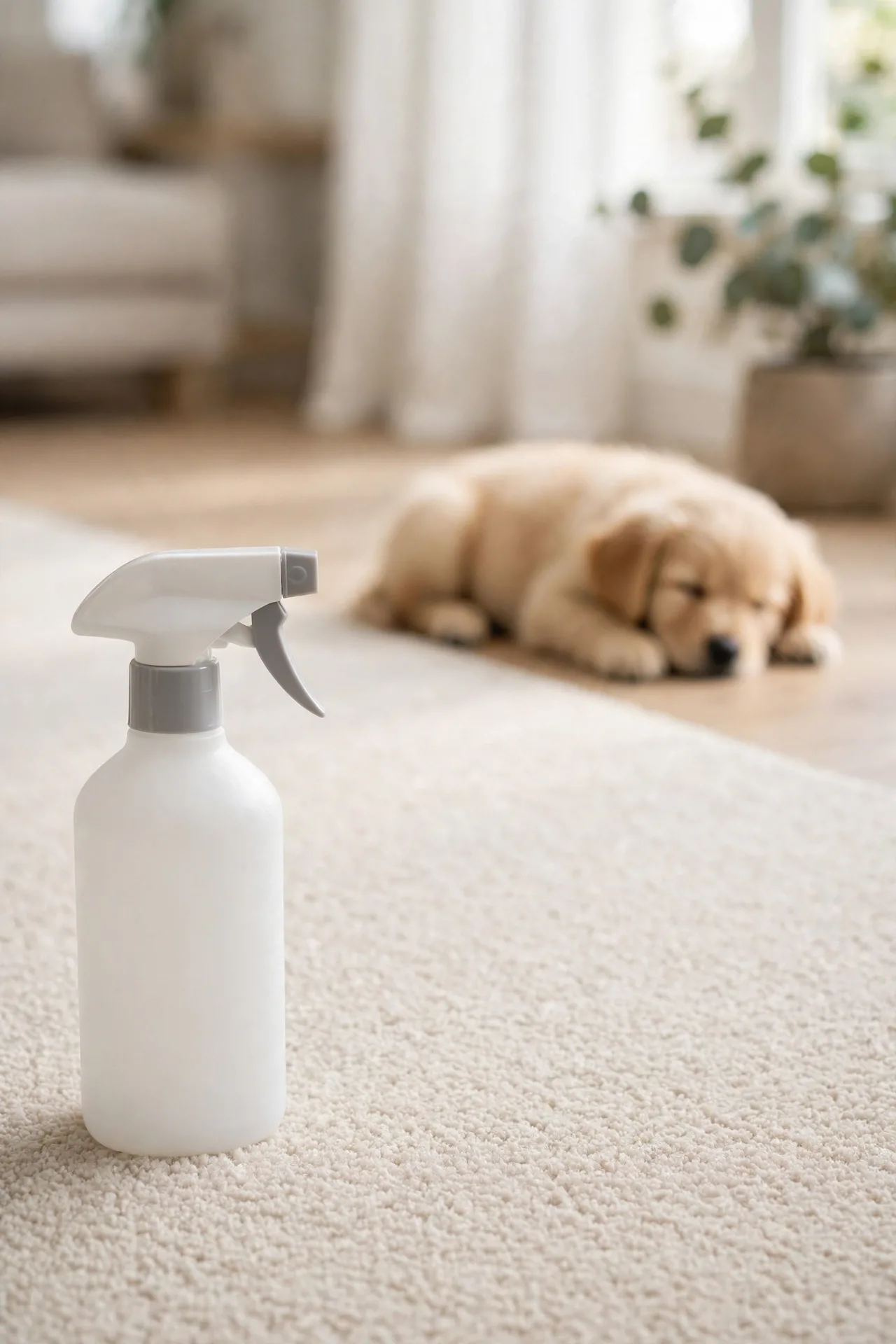 Pet stain and odor remover spray bottle beside a carpet stain