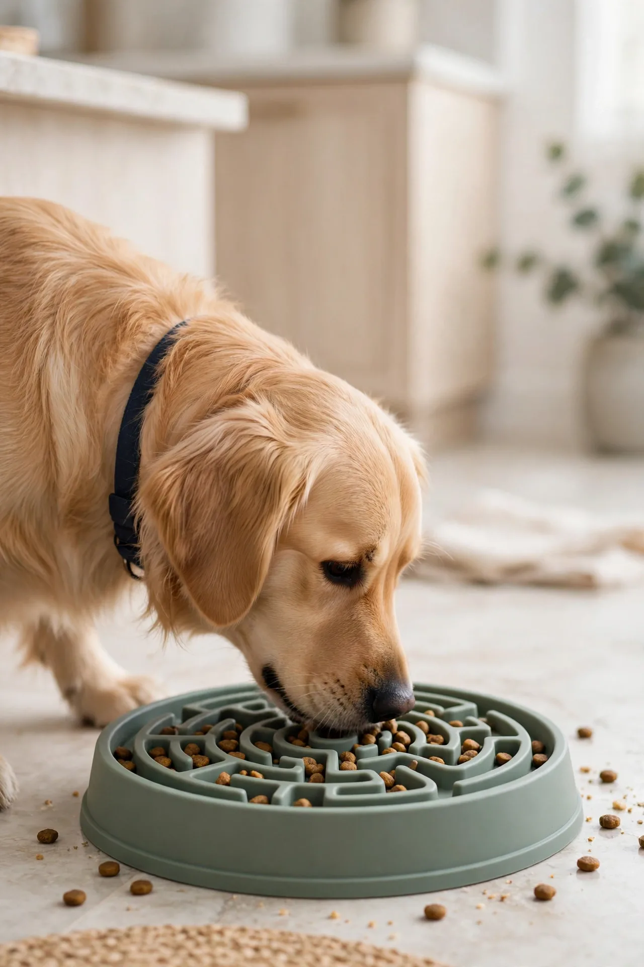 Dog eating from a slow feeder bowl with raised ridges