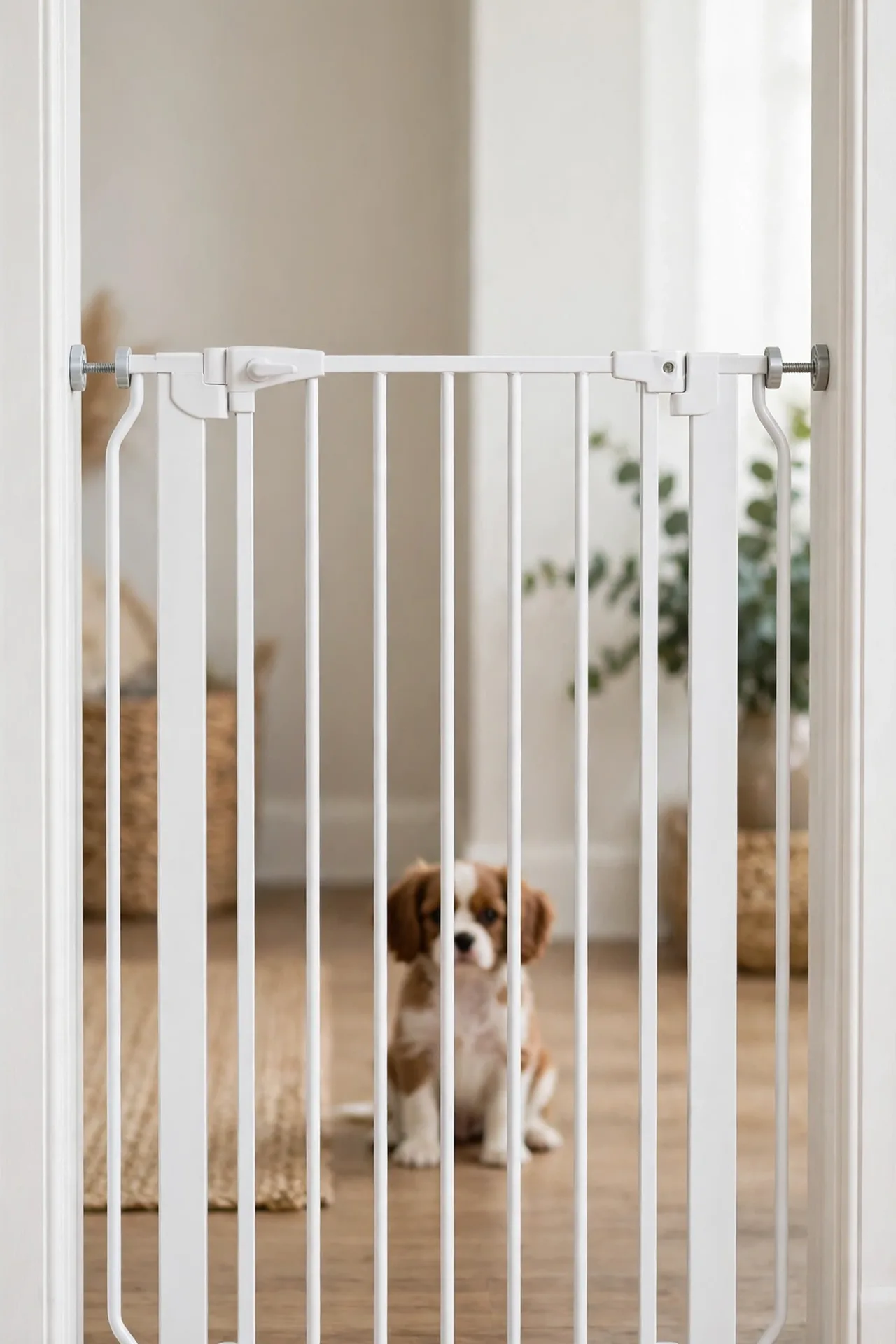 Pressure-mounted baby gate in a doorway with a puppy behind it