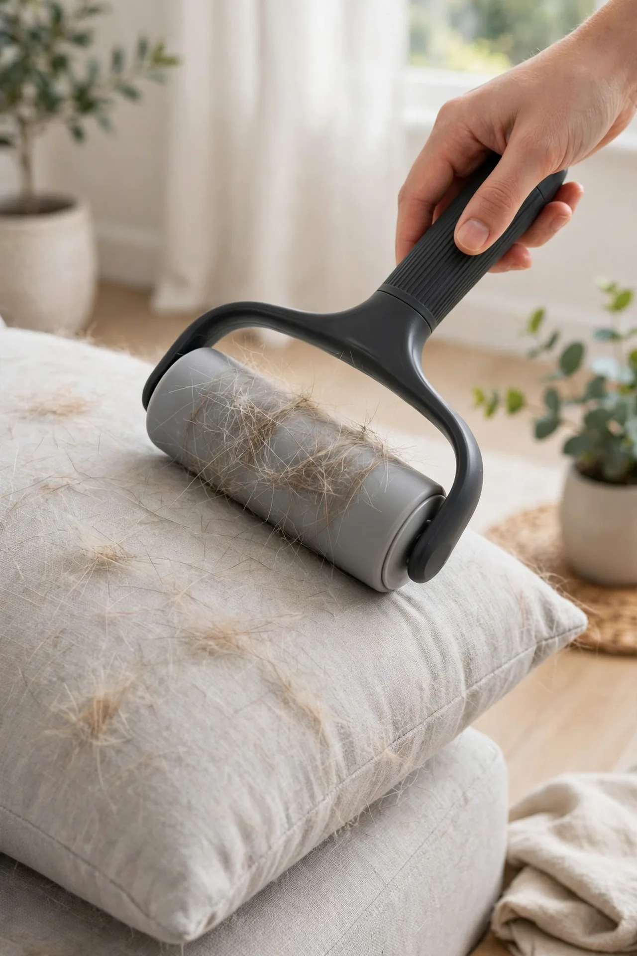Reusable pet hair remover roller on a hair-covered sofa cushion