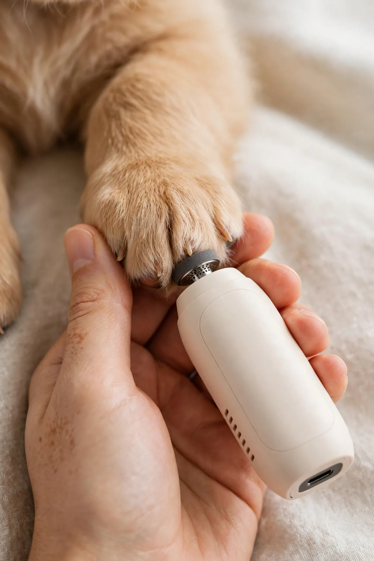 Rechargeable pet nail grinder trimming a puppy's nails
