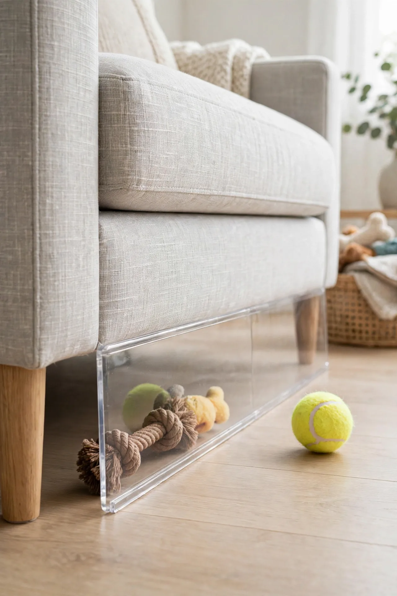 Clear under-couch blocker strip stopping dog toys from rolling underneath