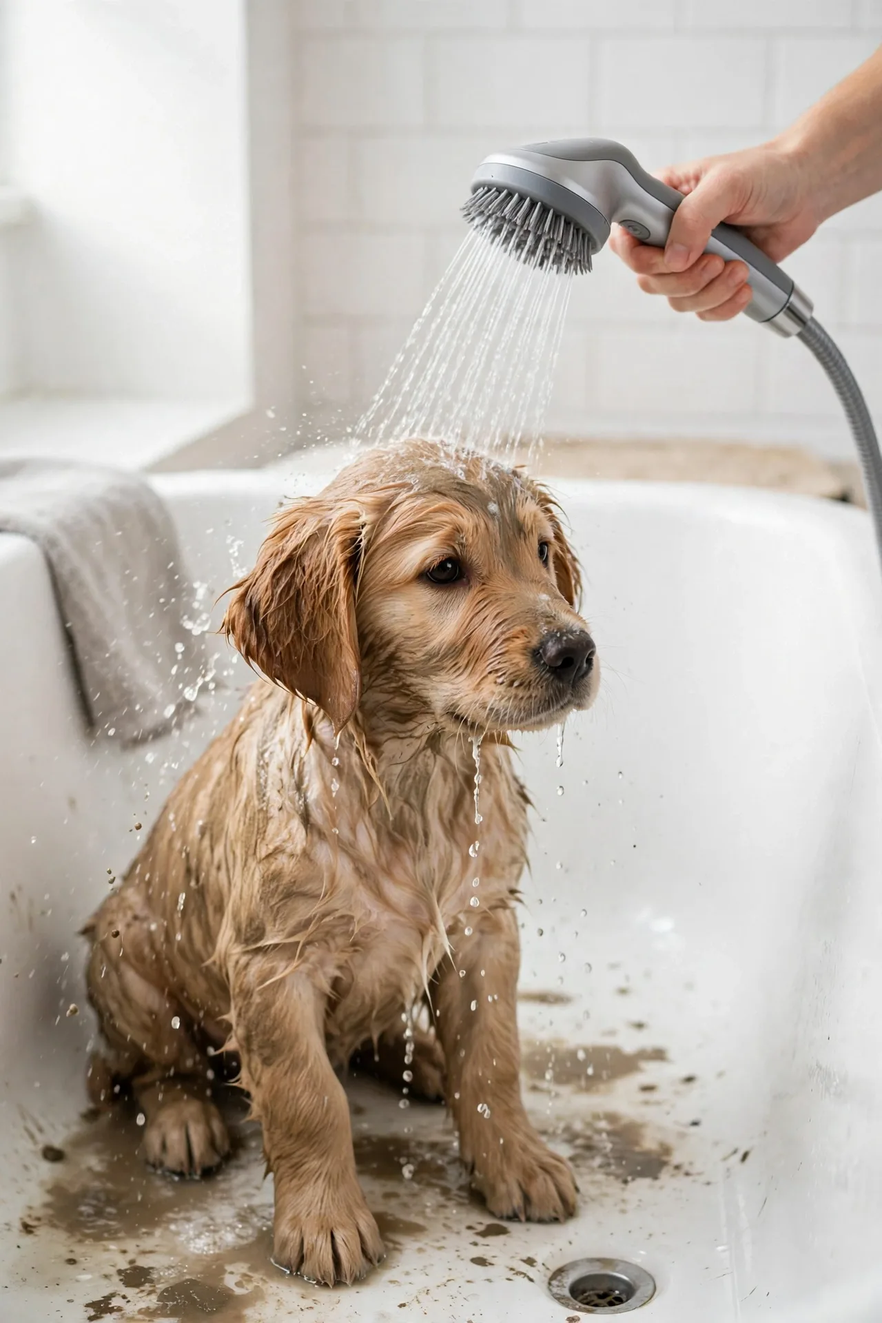 Handheld dog shower sprayer rinsing a muddy puppy in a bathtub