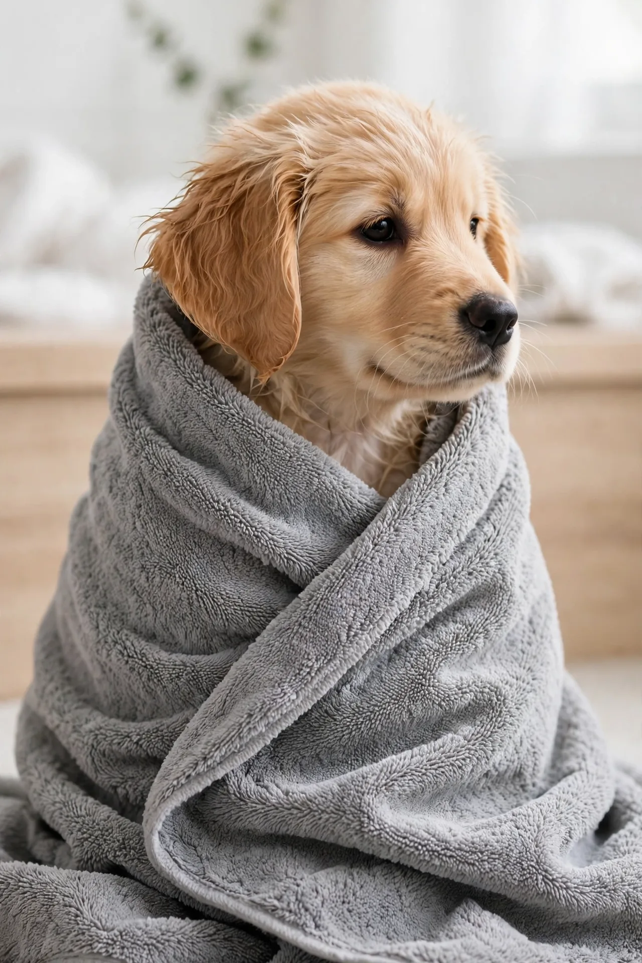 Puppy wrapped in a grey microfiber towel after a bath
