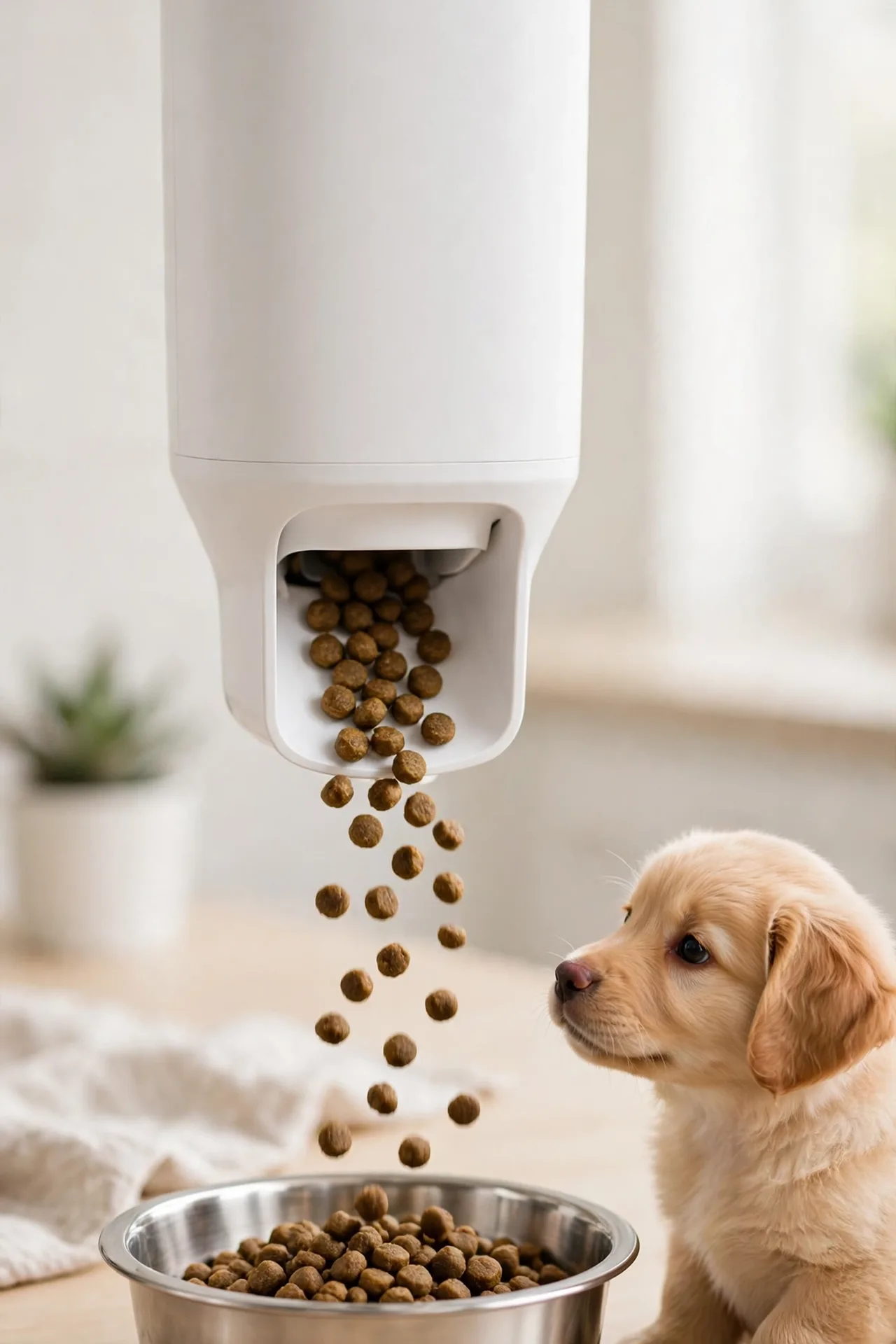 Programmable automatic pet feeder dispensing kibble into a bowl
