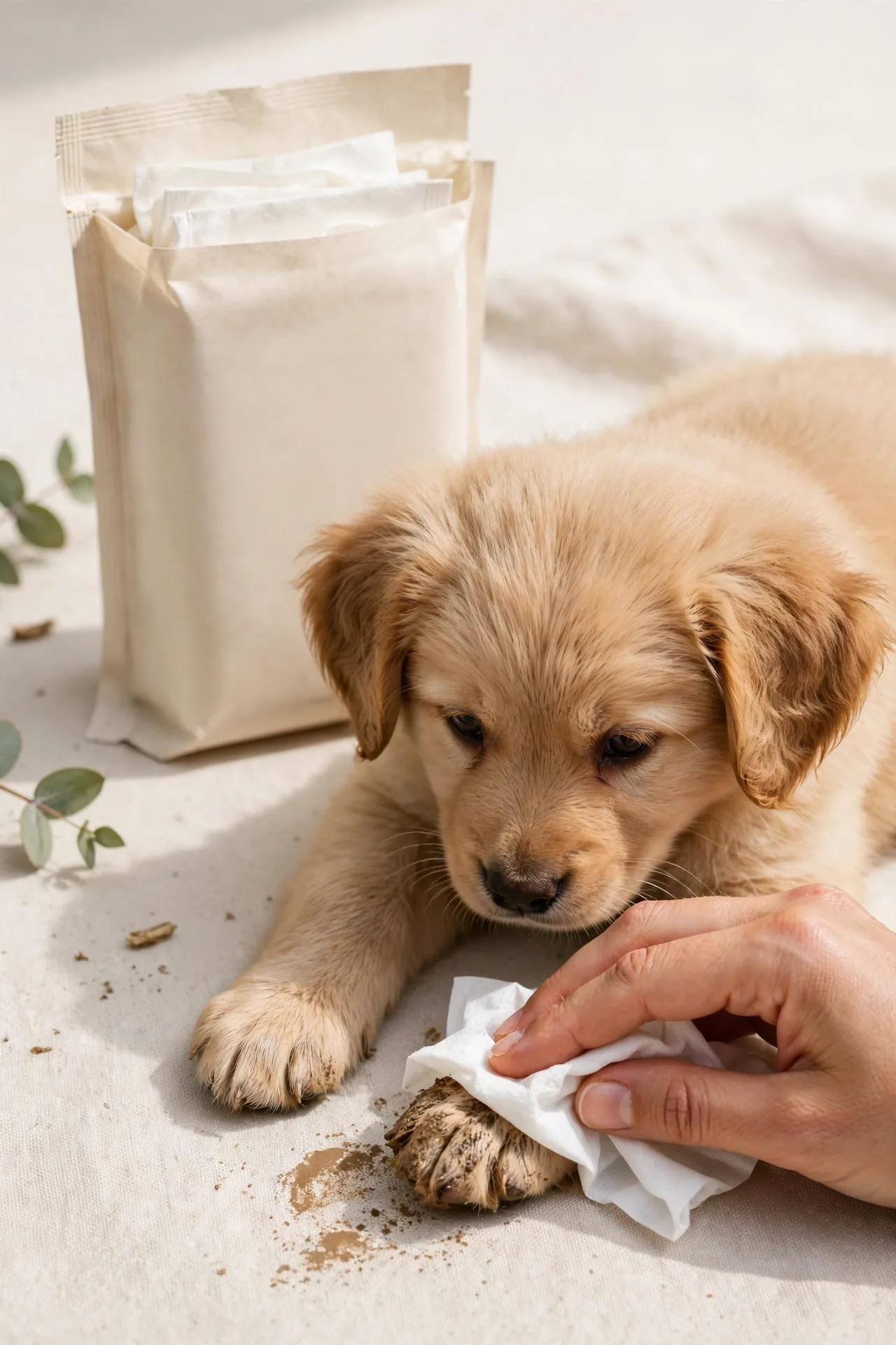 Pet grooming wipe pack with a puppy being wiped clean