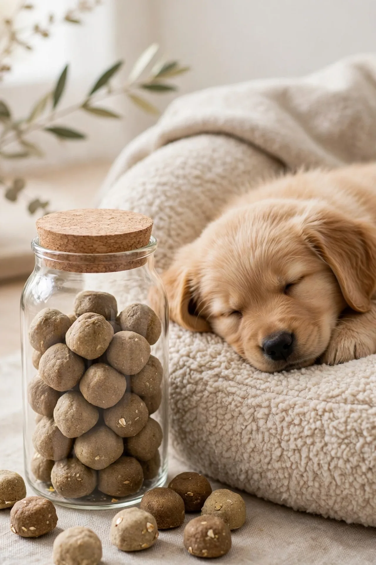 Calming dog treats in a jar beside a relaxed puppy