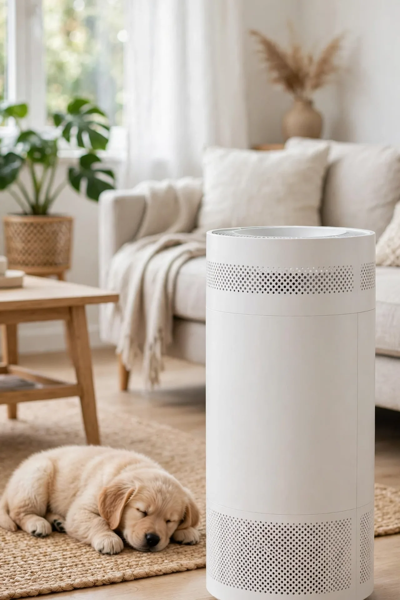 White HEPA air purifier in a living room with a puppy nearby