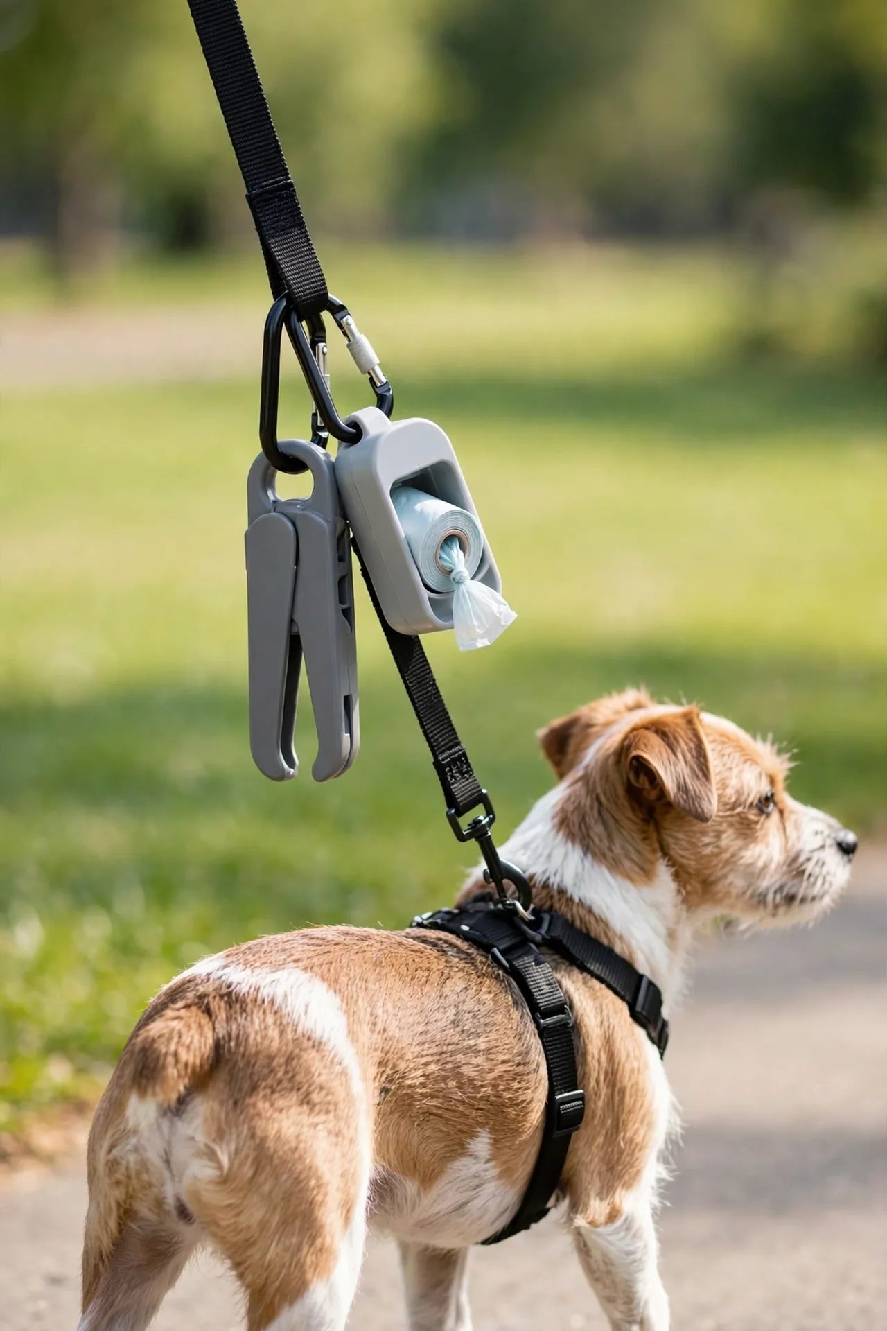 Leash-attached dog pooper scooper with waste bag on a walk