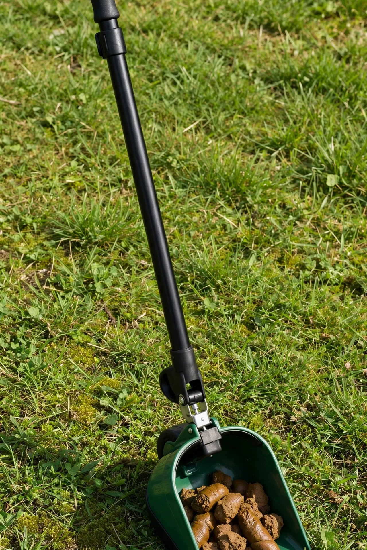 Long-handled yard pooper scooper with swivel bin collecting waste