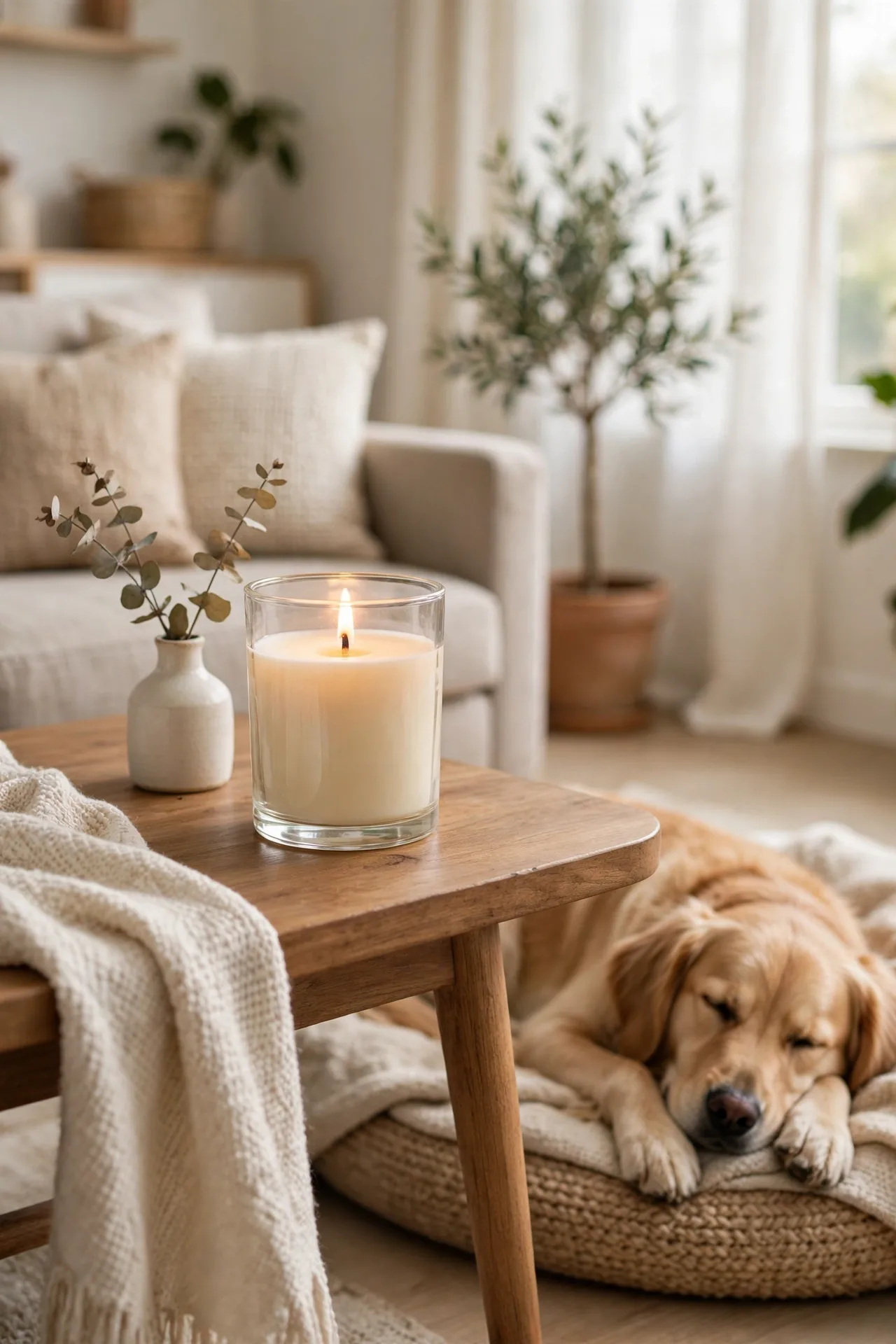 Lit pet odor eliminating candle in a living room with a dog
