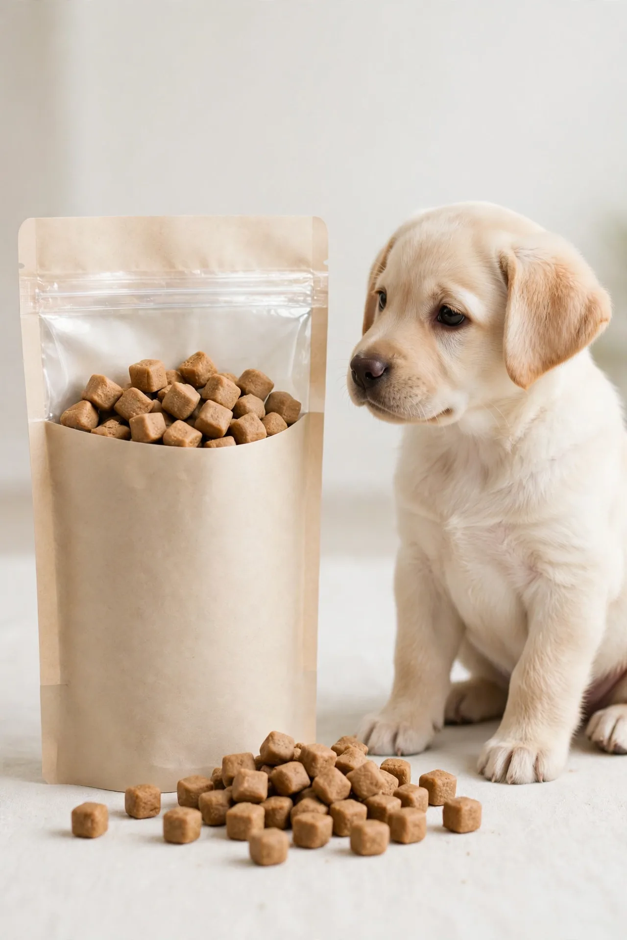 Small soft dog training treats in a resealable pouch with a puppy