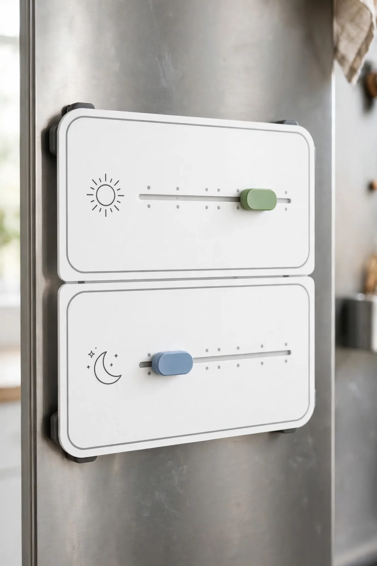 Magnetic pet feeding tracker chart on a fridge with AM PM indicators