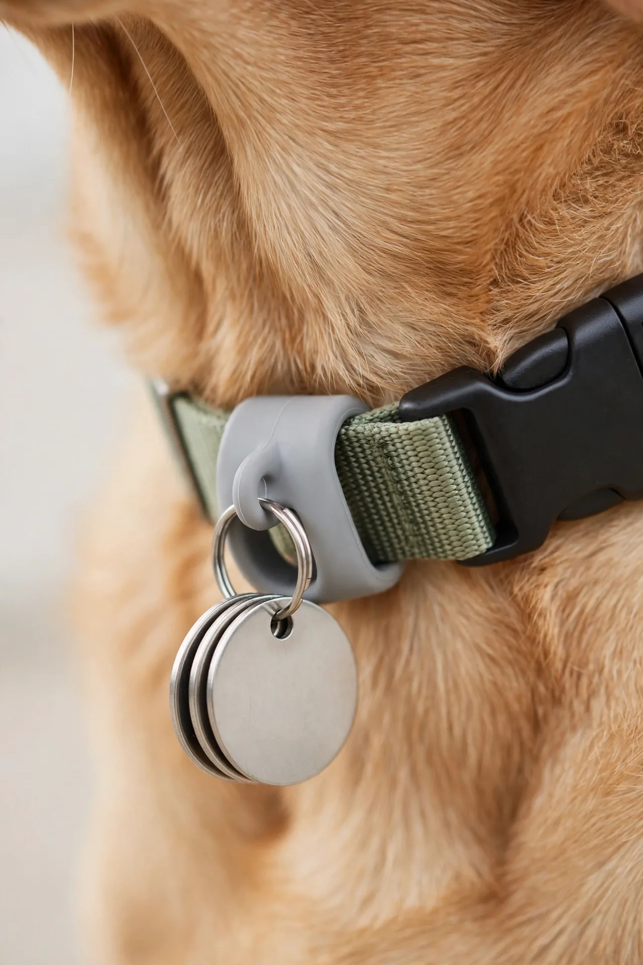Dog collar with tag silencer holding ID tags quietly