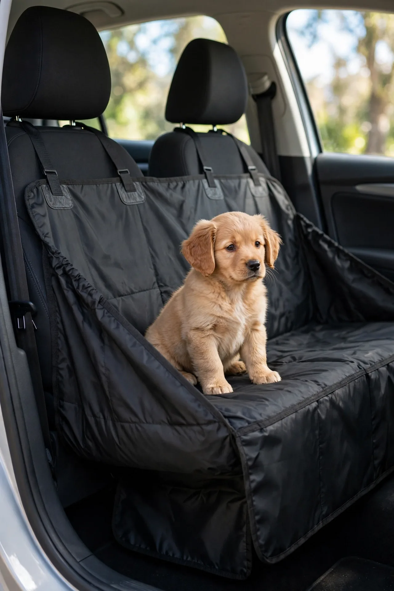 Waterproof dog car seat cover hammock in a car back seat with a puppy