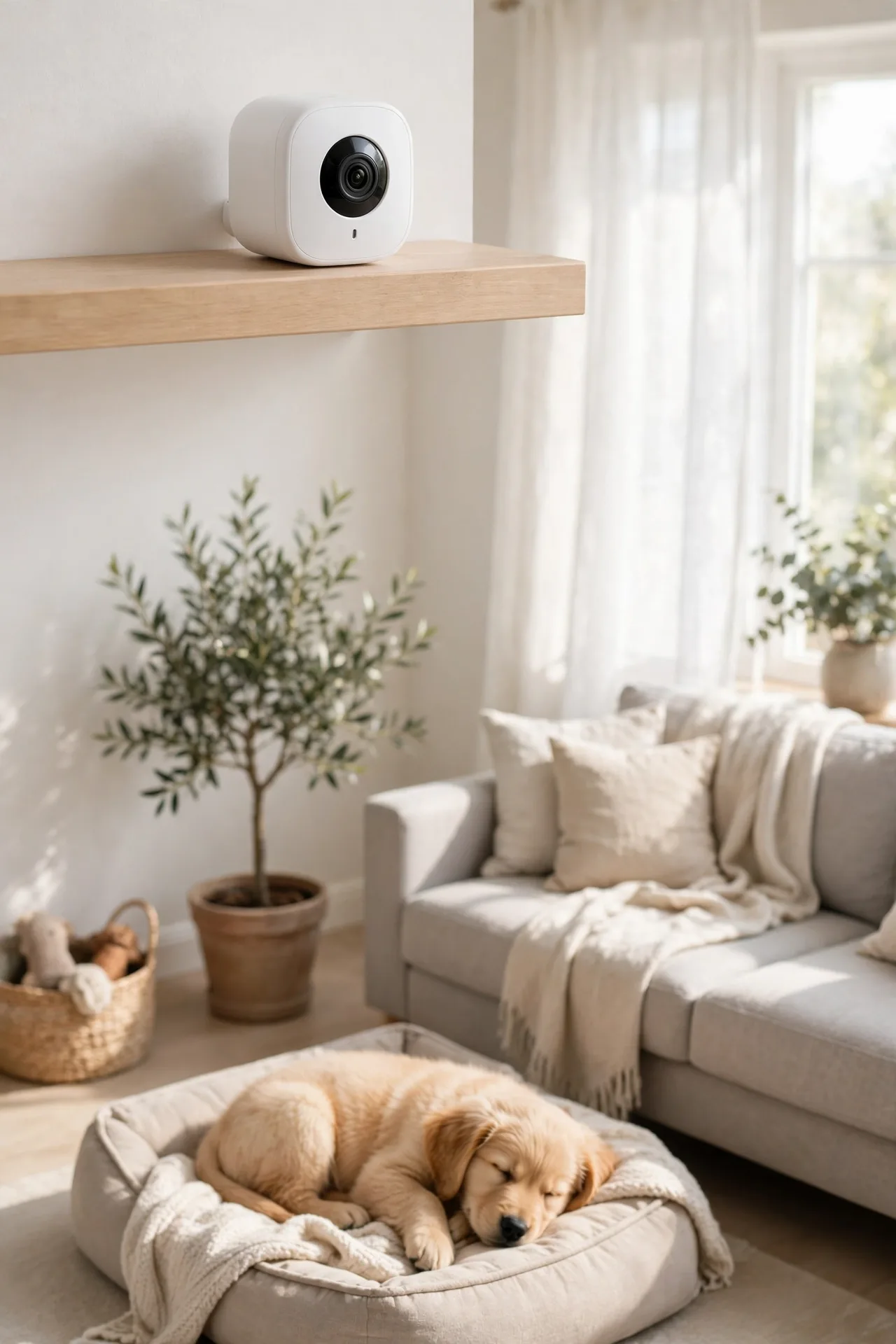 Indoor pet monitoring camera on a shelf watching a puppy