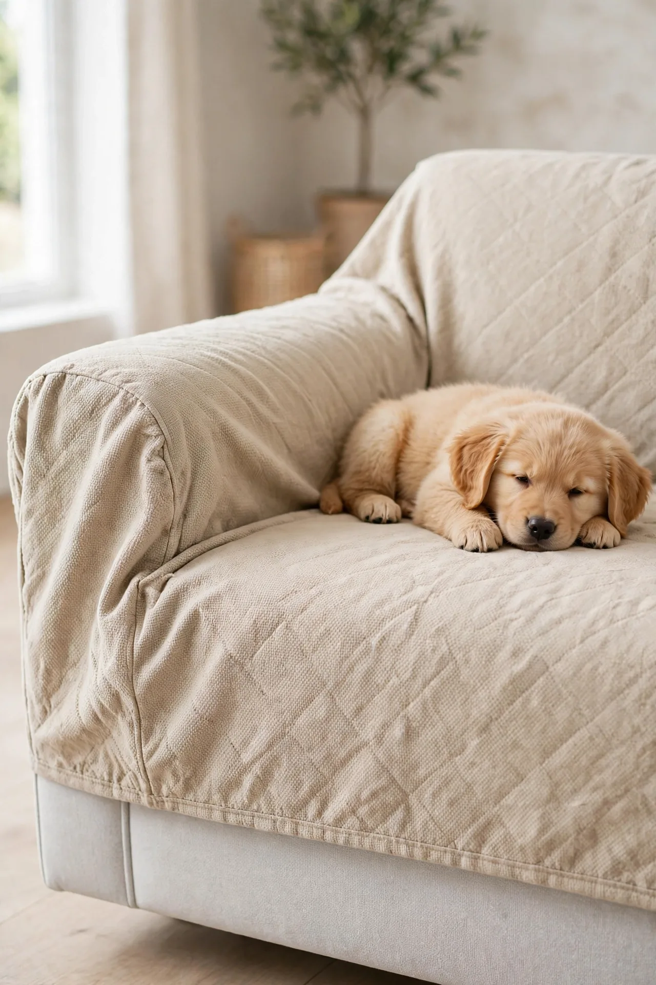 Scratch-resistant couch cover on a sofa with a puppy lounging