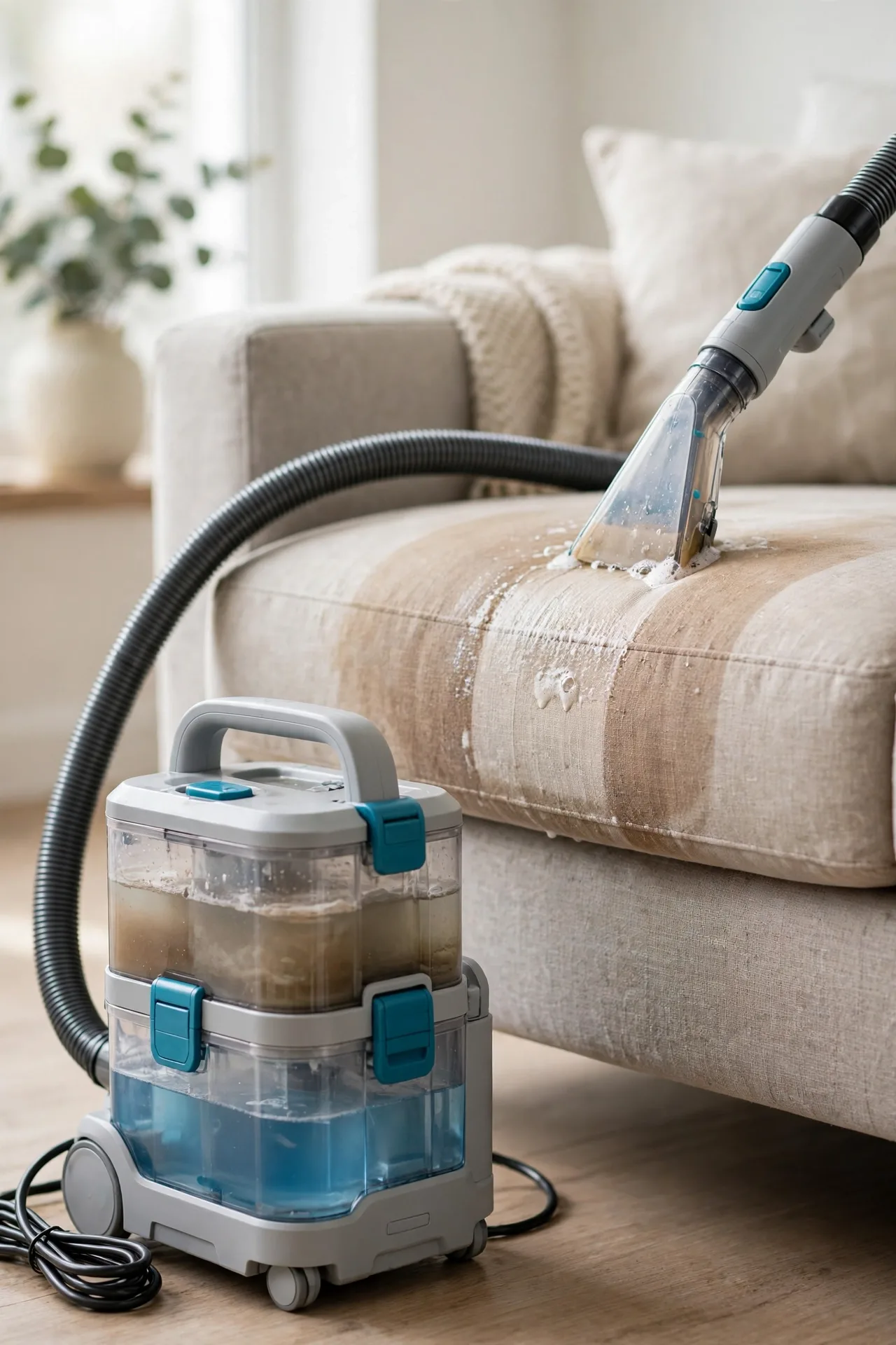 Portable carpet and upholstery cleaner cleaning a stained sofa cushion
