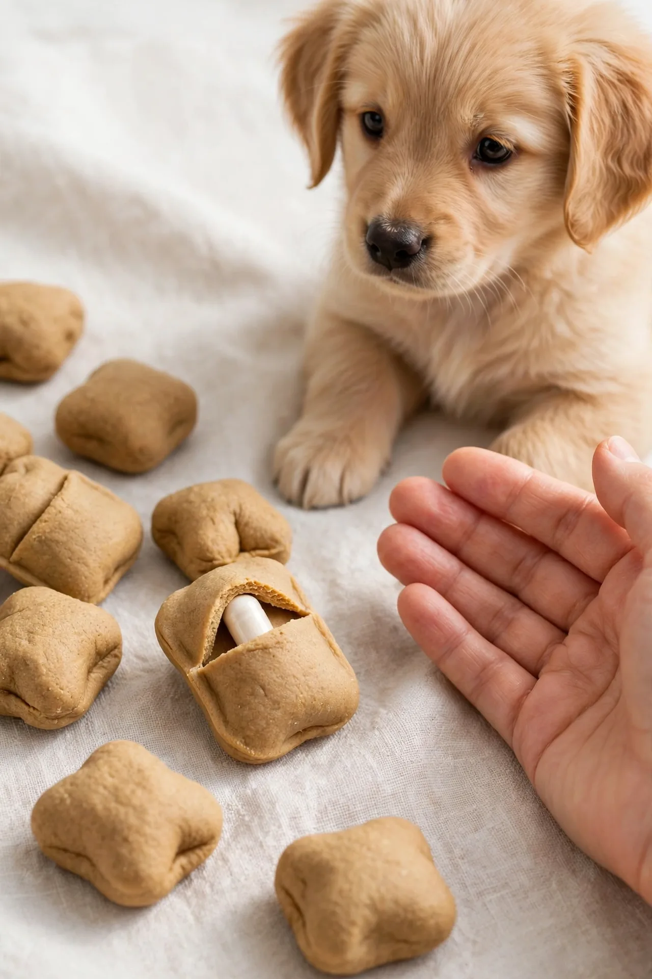 Pill pocket dog treats with a pill hidden inside beside a puppy