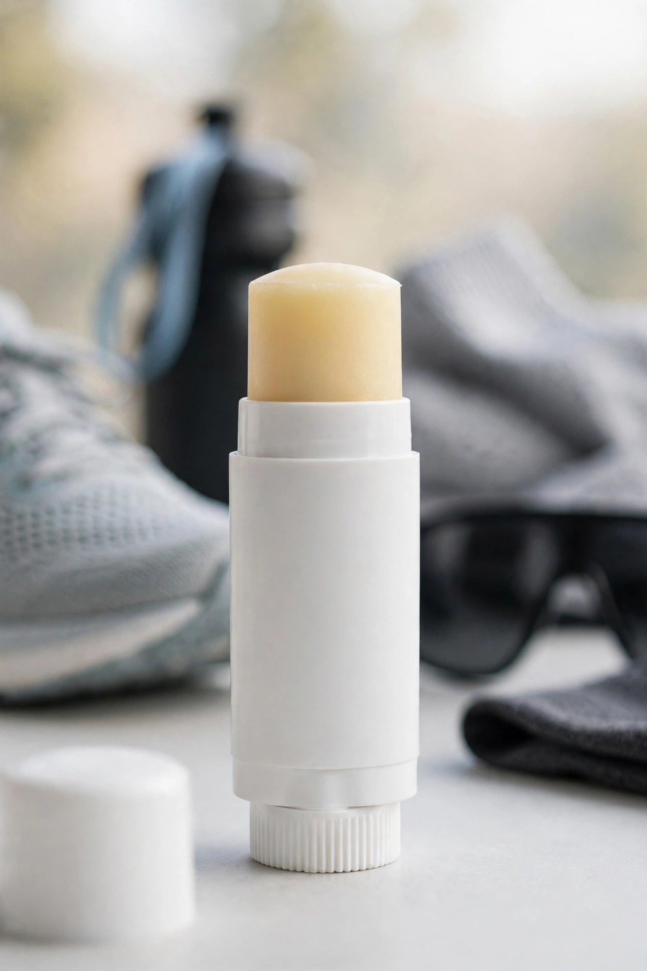 Twist-up anti-chafe balm stick with running gear behind it